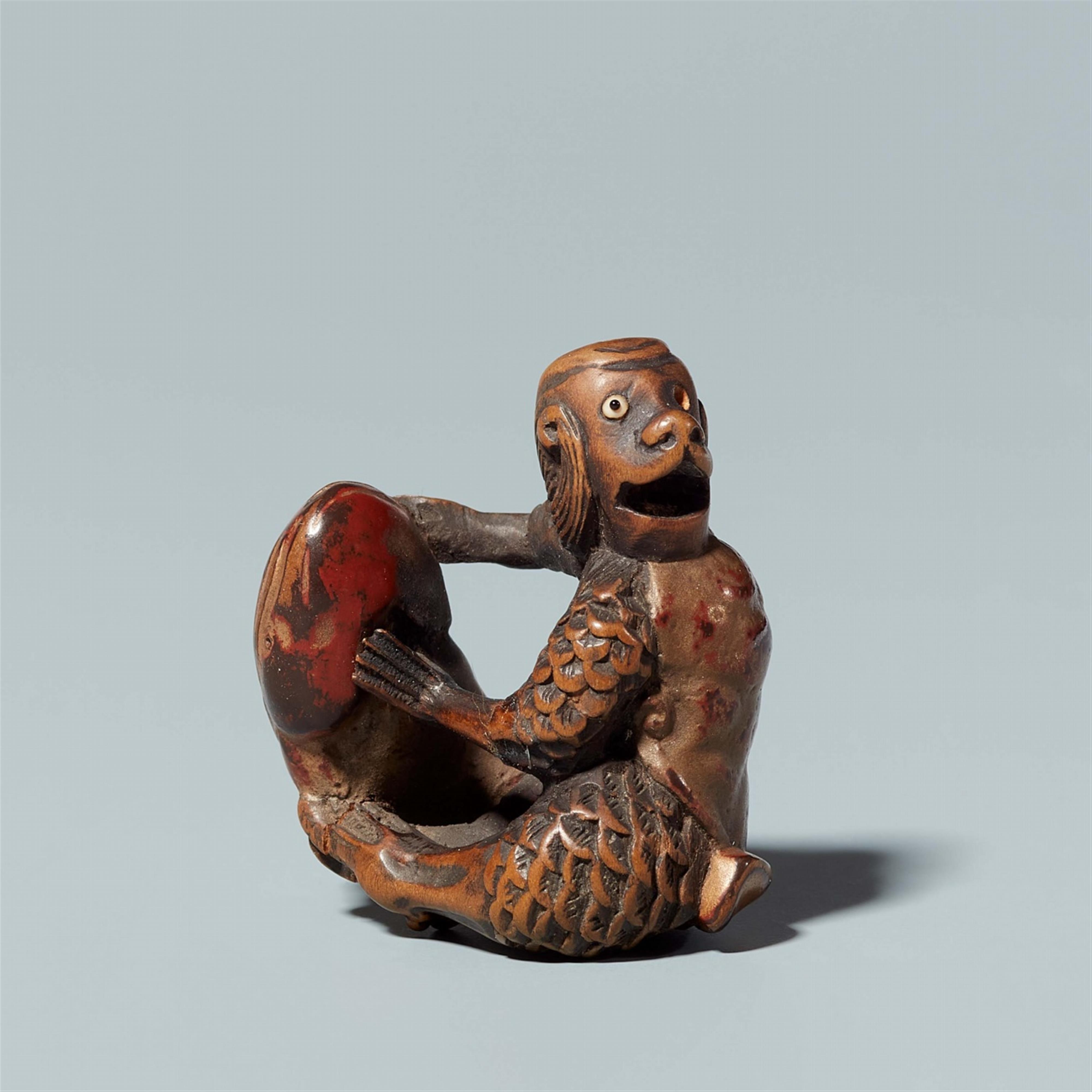 A wood, lacquer and mother of pearl netsuke of a kappa and a catfish. Mid-19th century - image-1