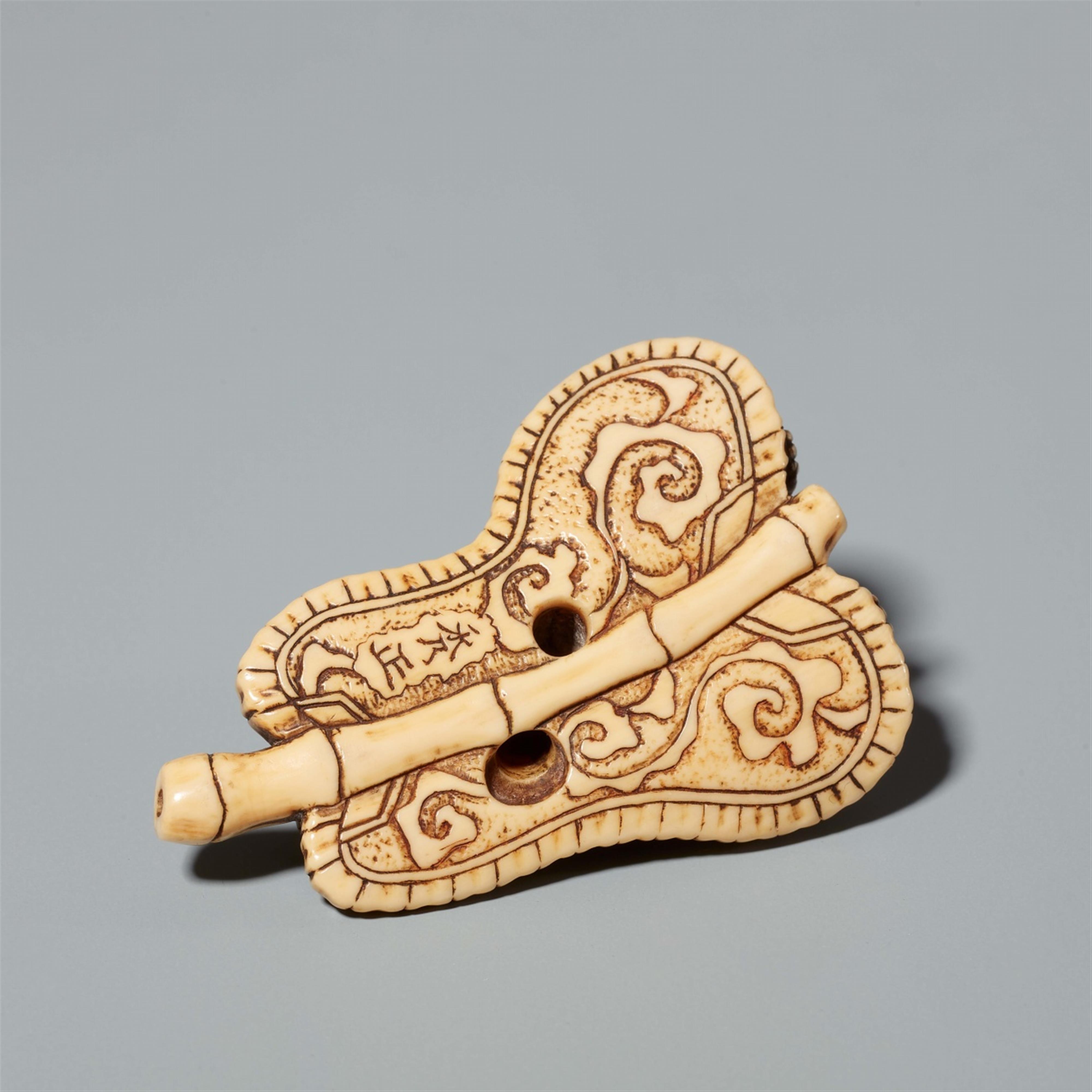 An Osaka school ivory netsuke of a karako on a fan, by Hidemasa. Mid-19th century - image-5