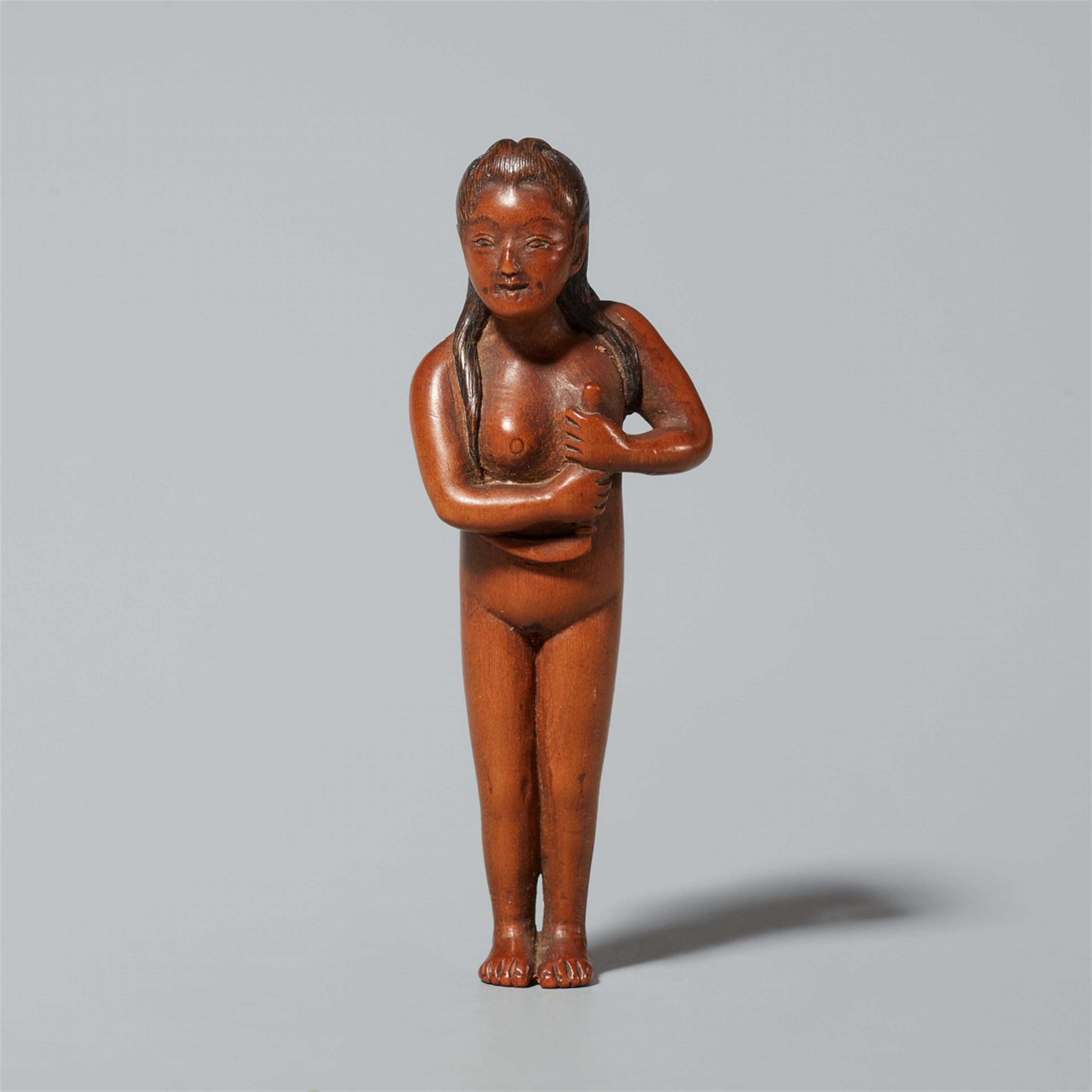 A wood netsuke of a young fishing girl. Second half 19th century - image-1