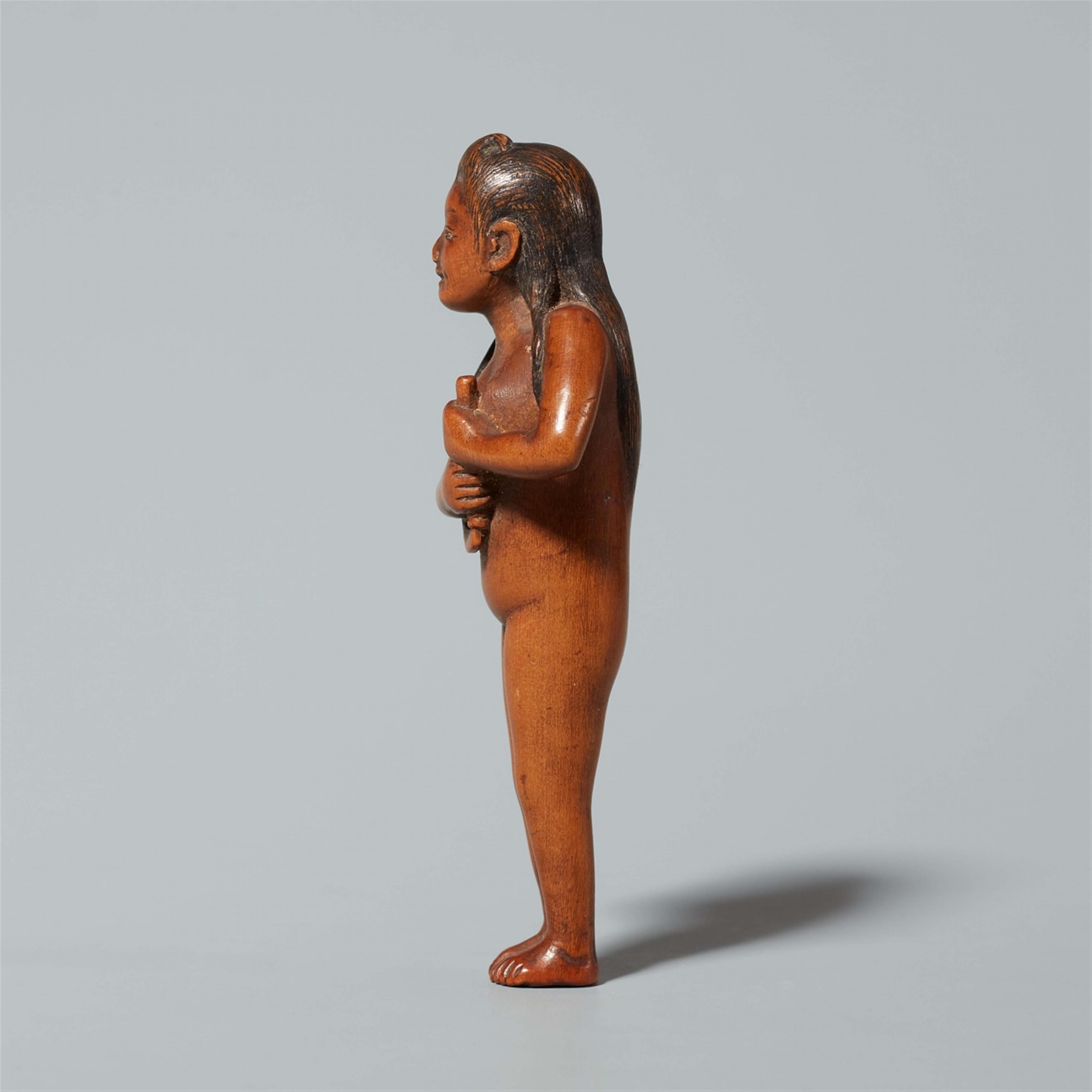 A wood netsuke of a young fishing girl. Second half 19th century - image-4