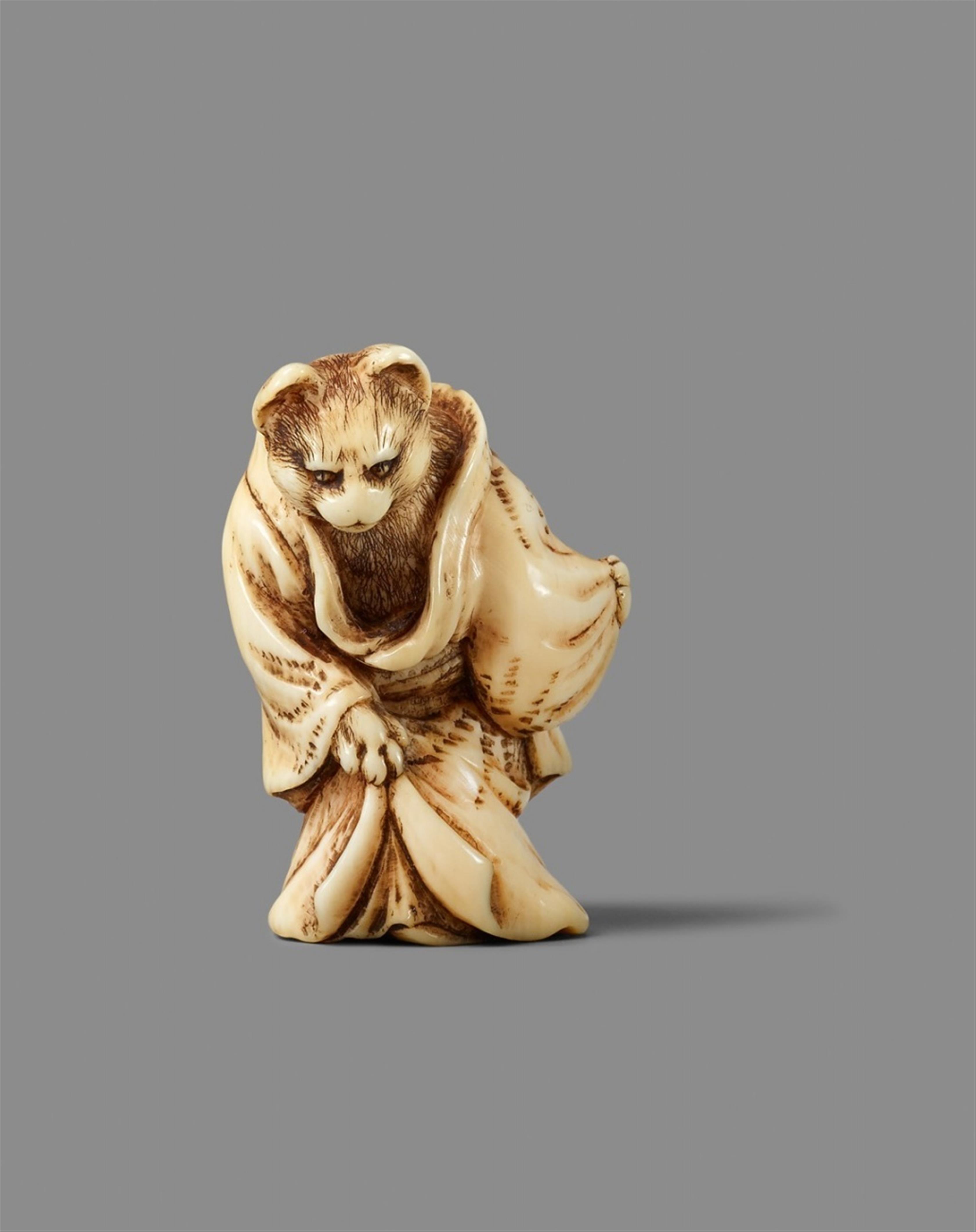 An Asakusa-school ivory netsuke of a cat in a kimono, by Masayuki. Mid-19th century - image-1