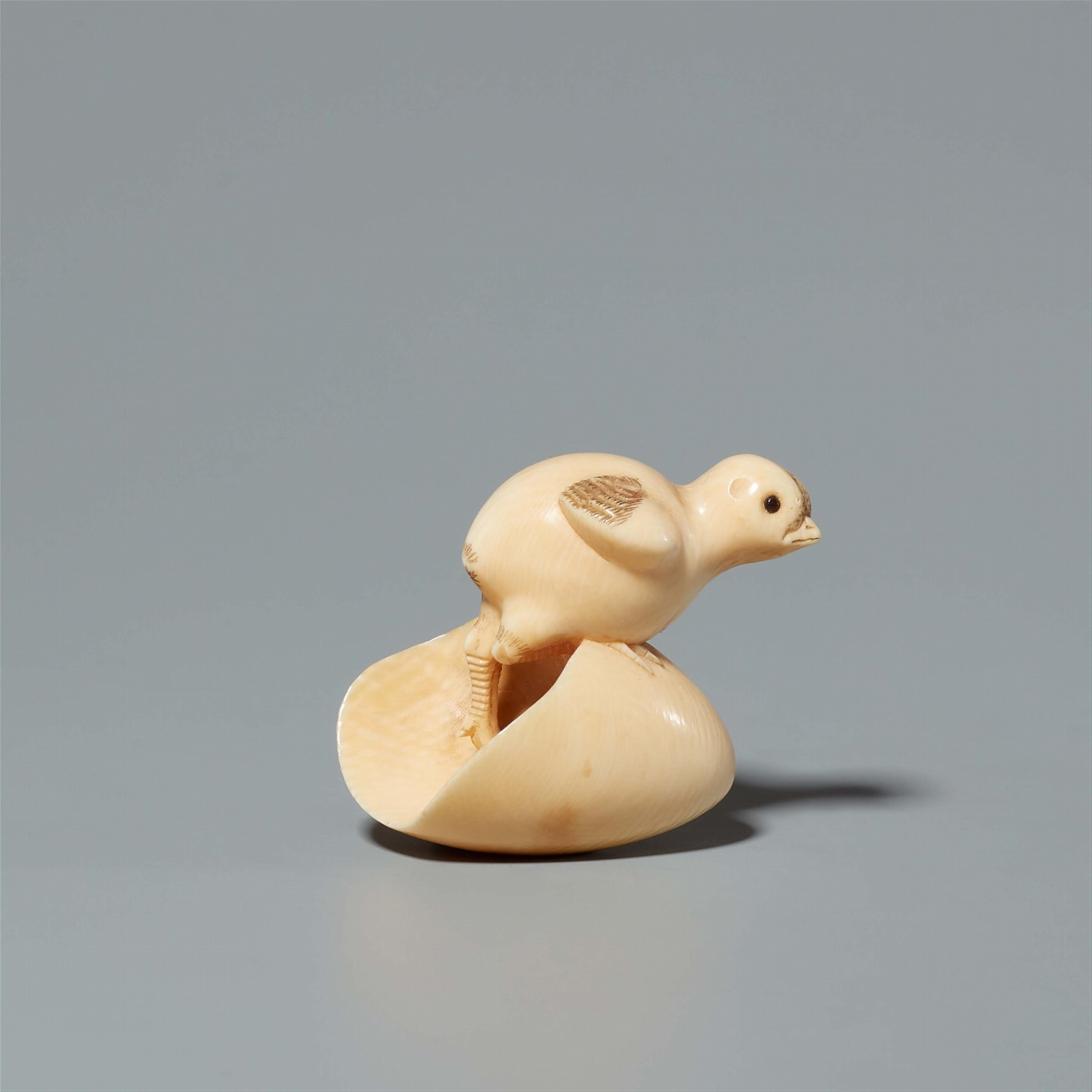 An Osaka school ivory netsuke of a hatching chick, by Doraku. Second half 19th century - image-1