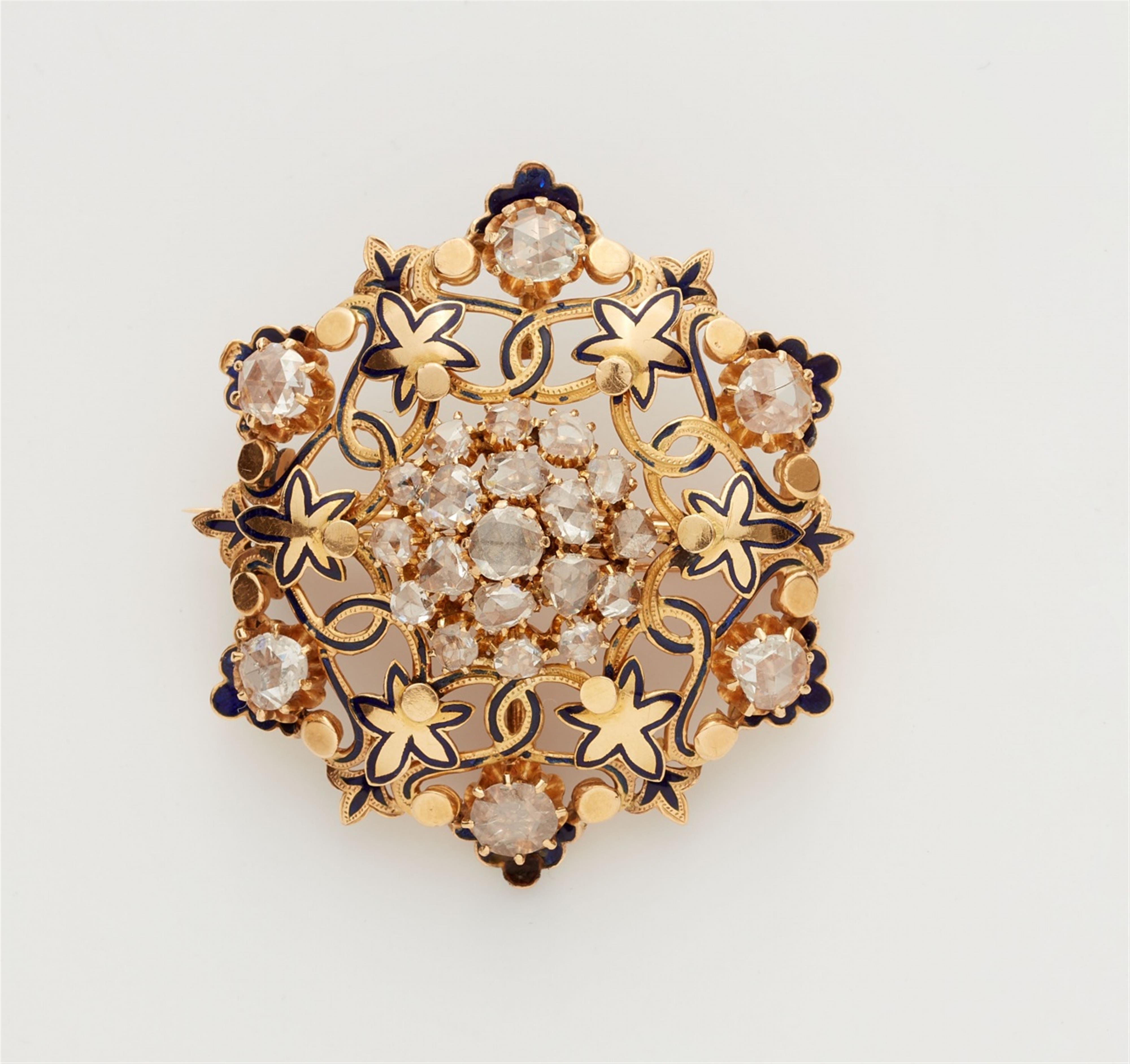 A 14k gold enamel diamond rosette brooch - image-1
