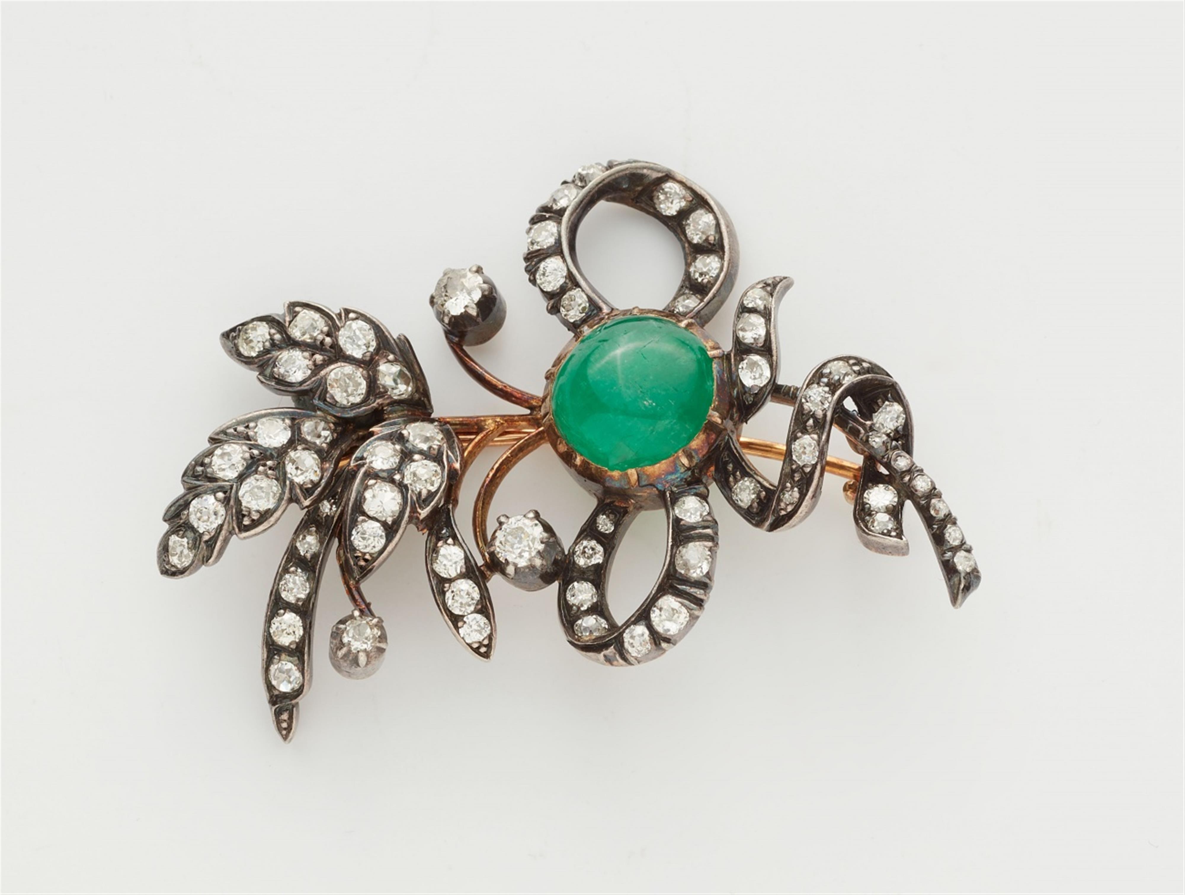 An 18k red gold, silver, emerald and diamond flowering sprig brooch - image-1