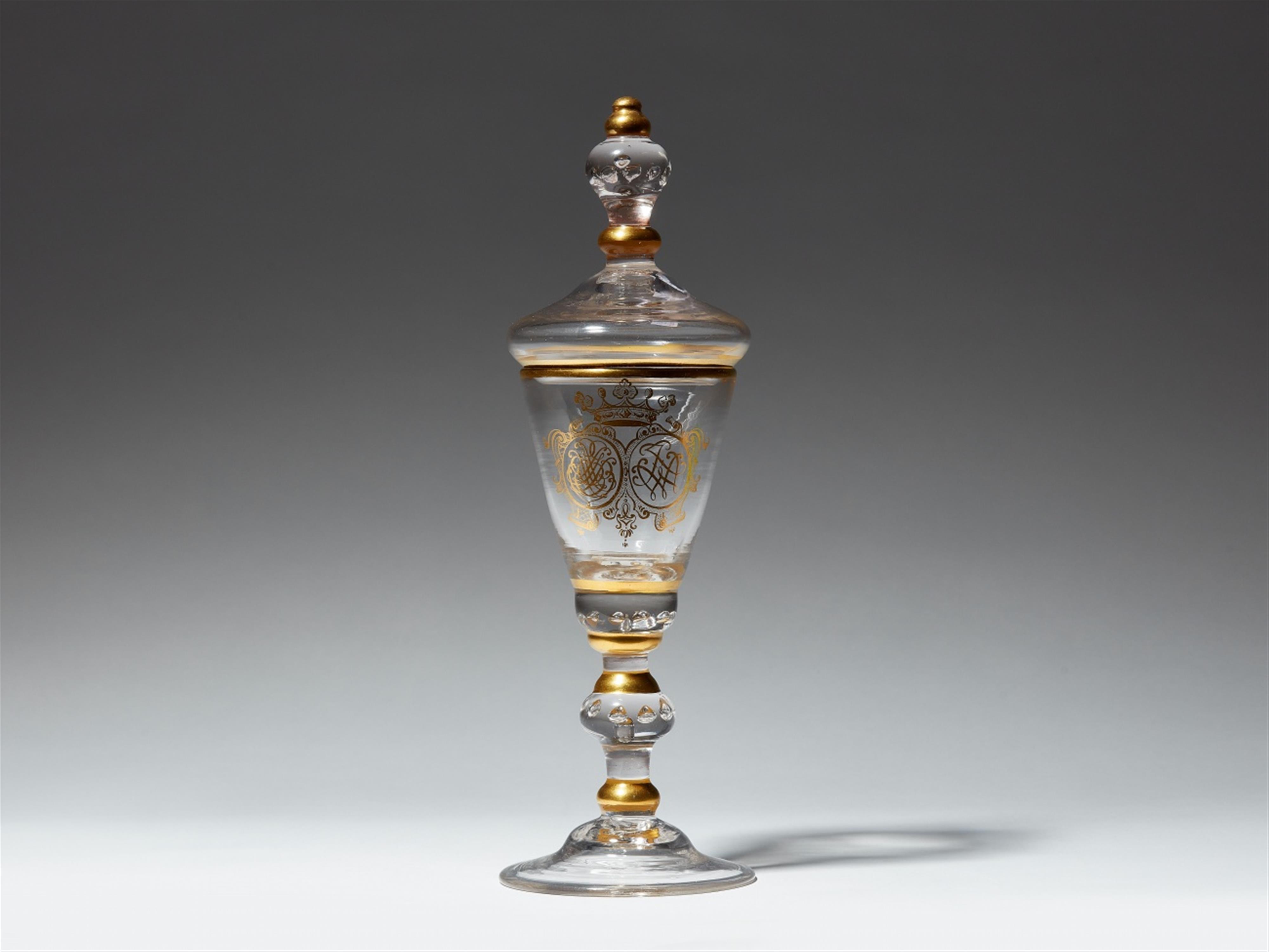 A monogrammed Brandenburg glass goblet and cover - image-1