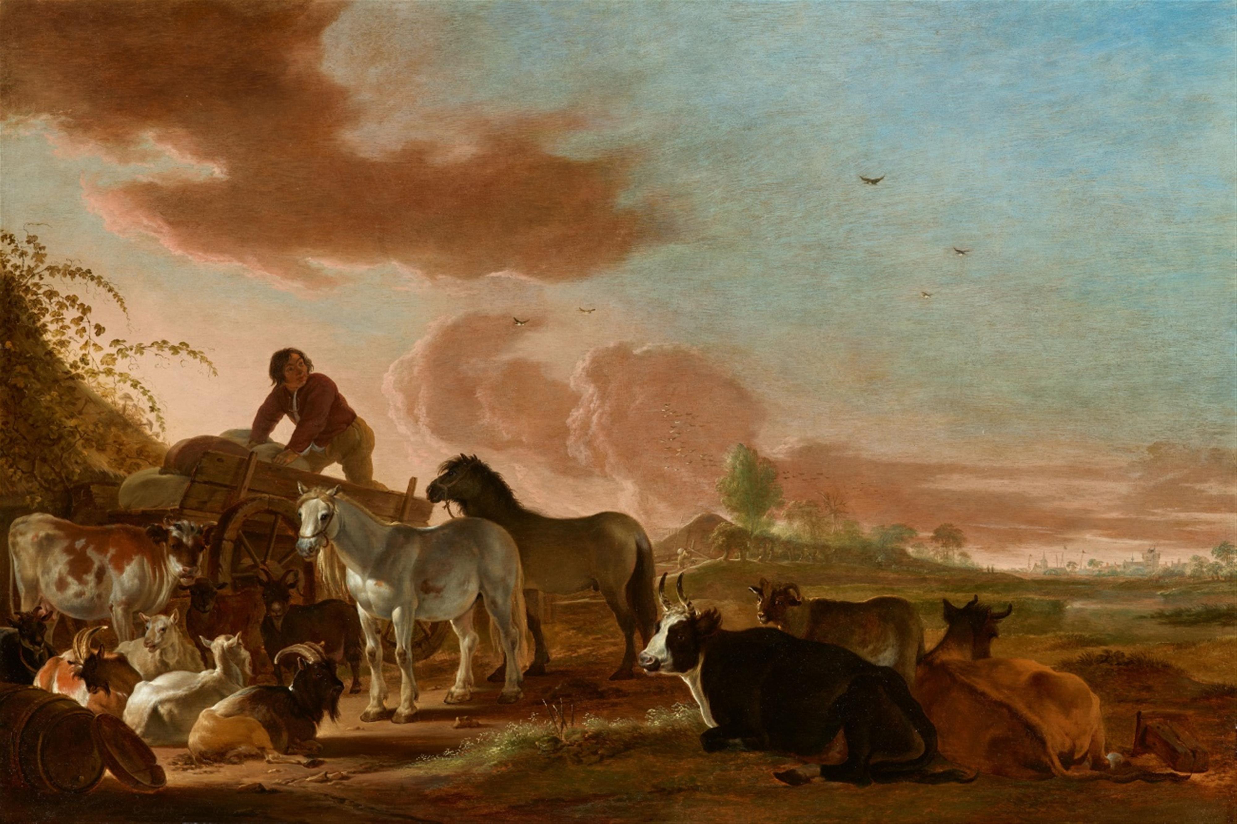 Cornelis Saftleven - Landscape with a Young Peasant on a Cart with Horses, Cattle, and Goats - image-1