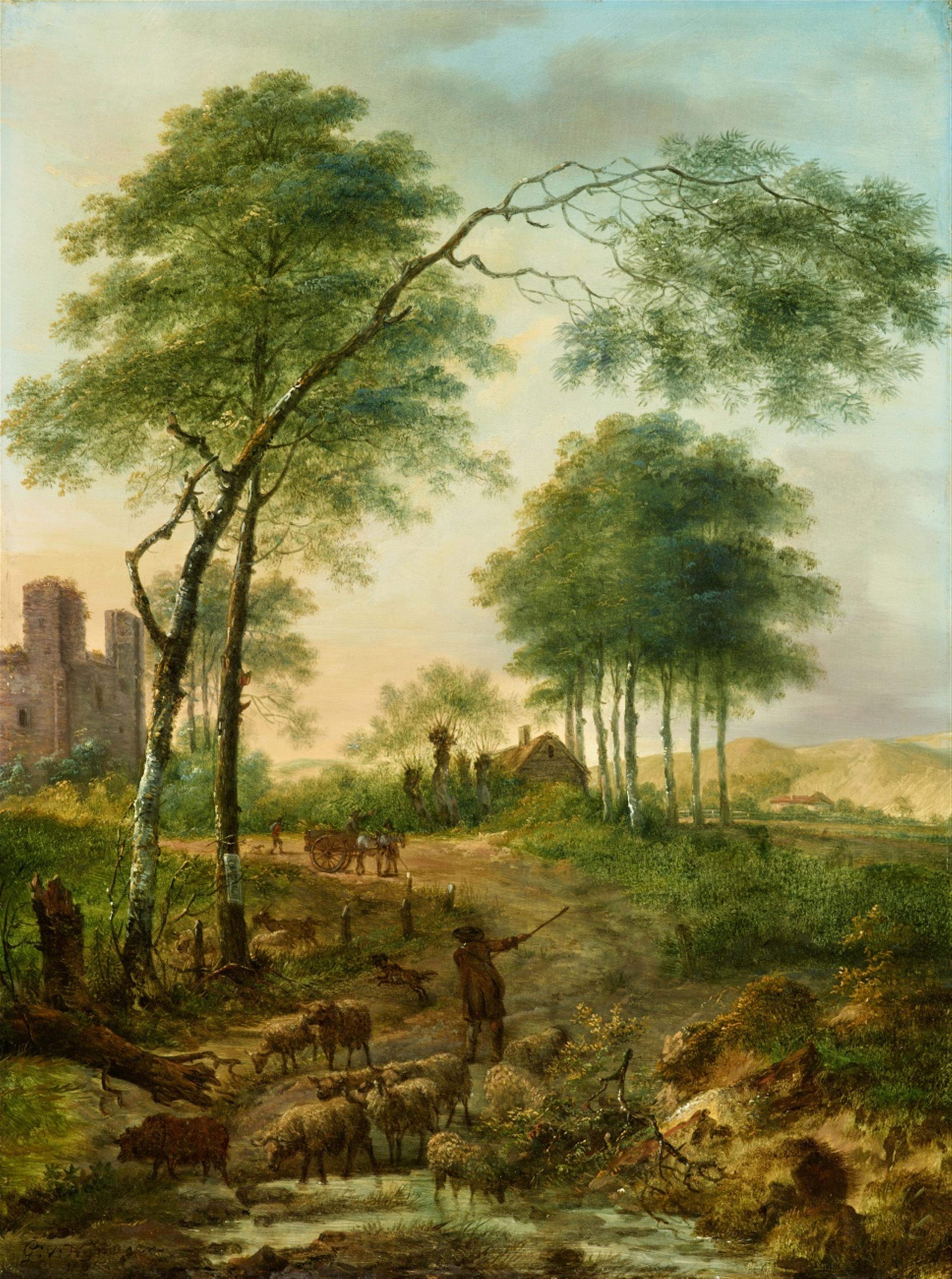 Gerard van Nymegen - Two Landscapes with Shepherds and Architecture - image-1