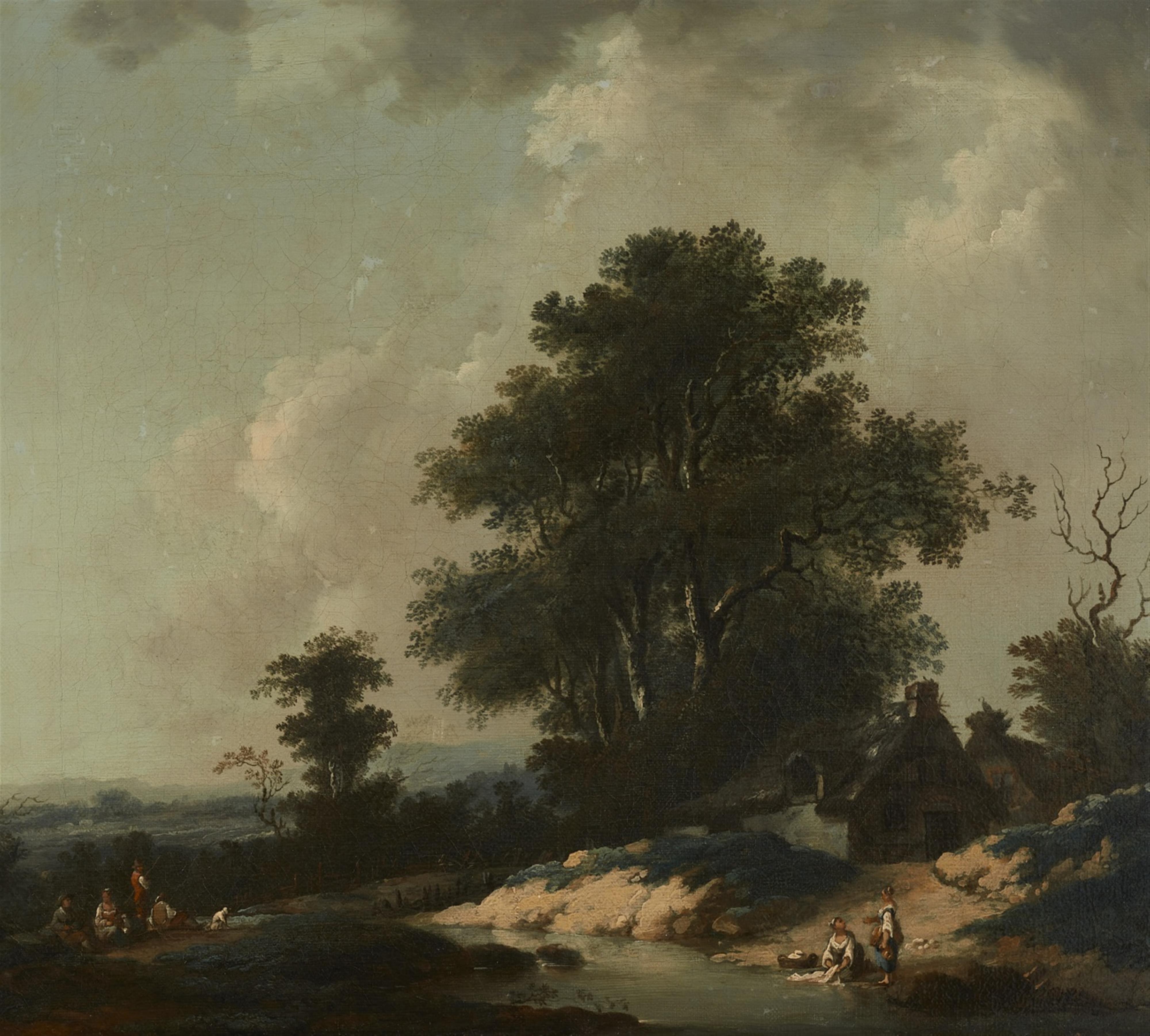 German or Netherlandish School 18th century - Landscape with a Peasant Cottage, Figures at Rest, and Washer Women - image-1