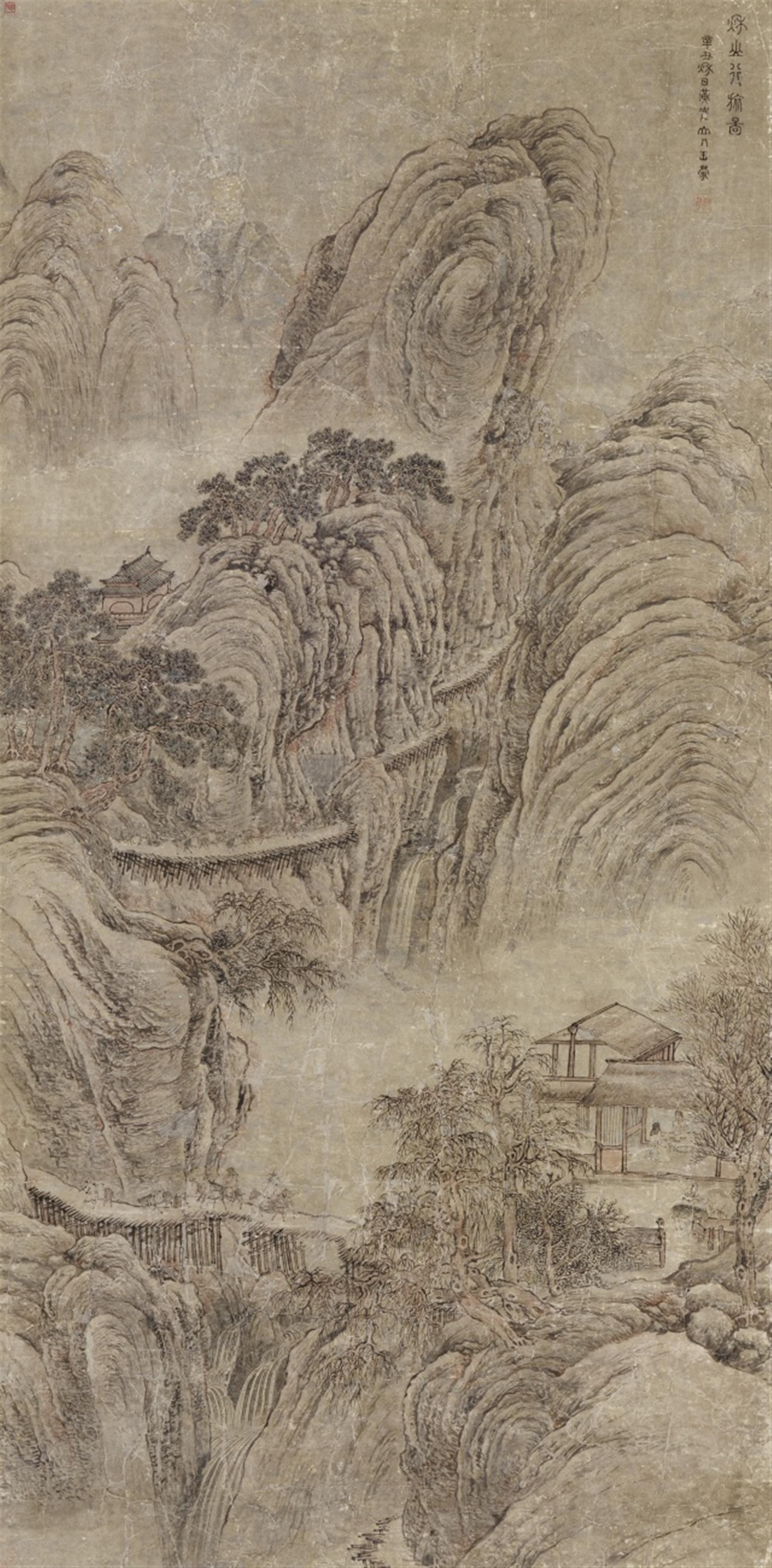 After Wang Meng - Hermitage and travellers in a mountainous landscape. Hanging scroll. Ink and light colour on paper. Inscription, dated cyclically xinchou (1361), inscribed Huang Heshan Wang Men... - image-1