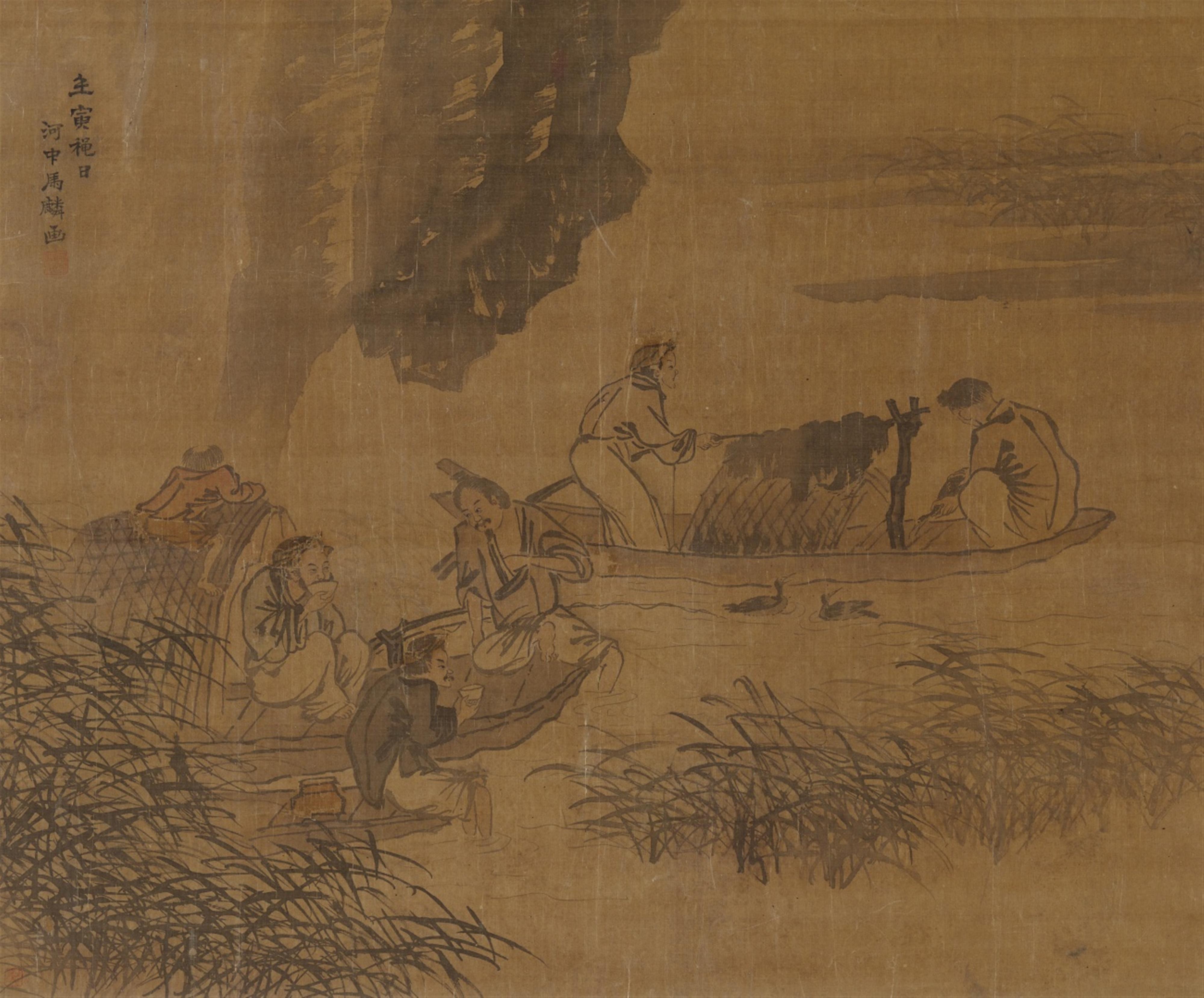 After Ma Lin - Fishermen between reeds and rocks. Hanging scroll. Ink and light colour on silk. Inscribed and sealed Ma Lin and the collector's seal Xia (seal of the German collector Jerg Haas). - image-1