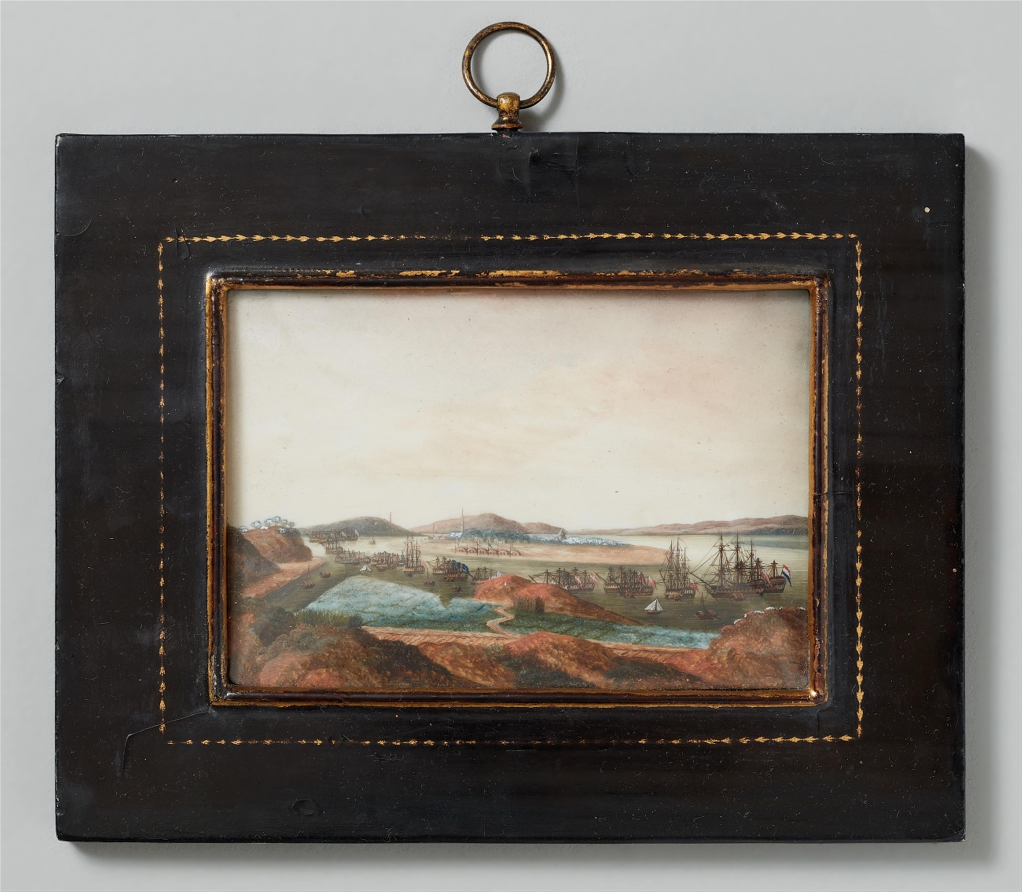 Anonymous painter . Canton. 19th century - A miniature painting depicting a view of the Anchorage at Whampoa (Huangpu) in the Pearl River with foreign trading ships at anchor in the bay, including American, British, Dutc... - image-1