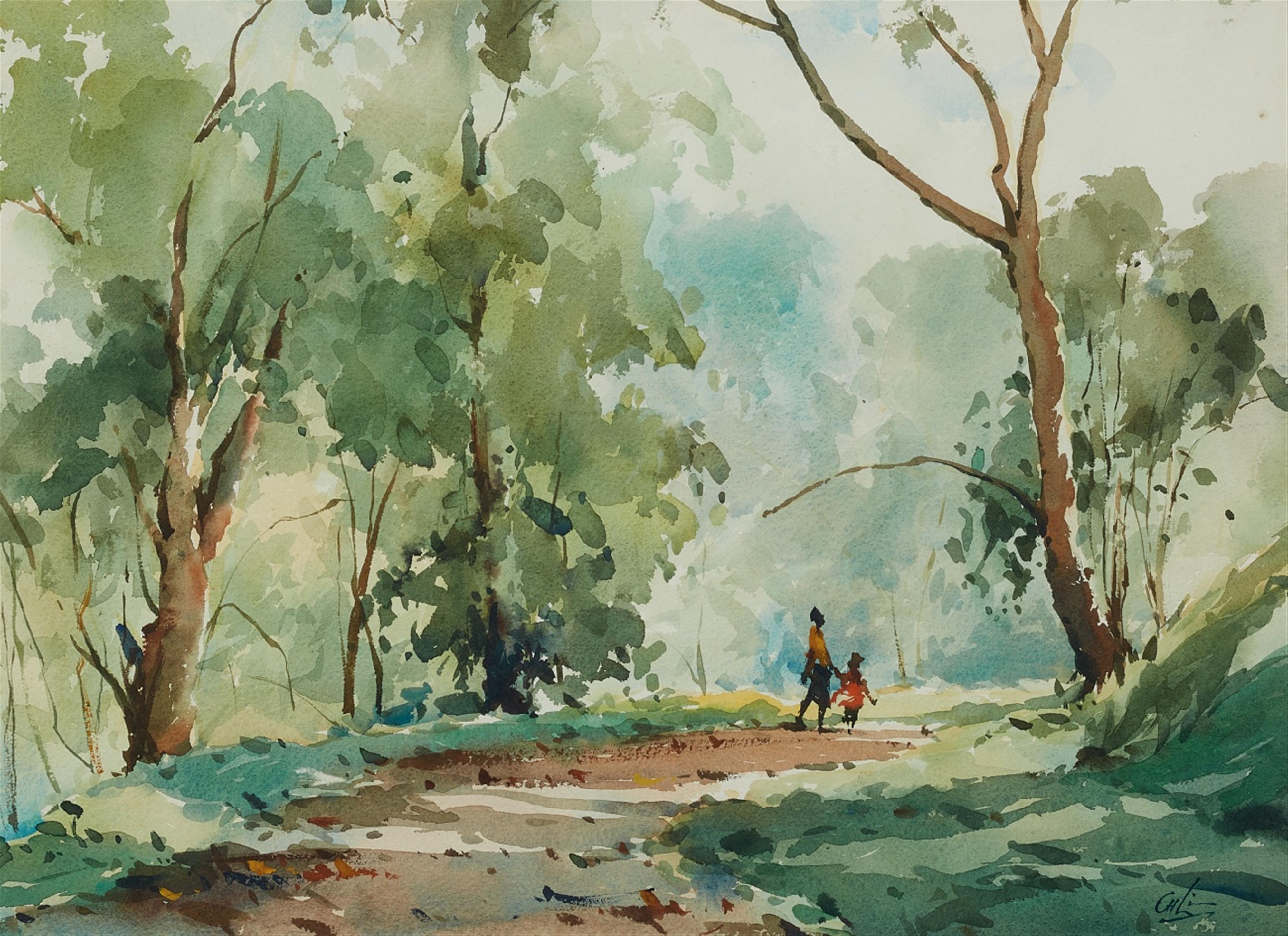 Lim Cheng Hoe . 1970 - Scenery I, Walking in the woods. Ink and colour on paper. Signed C.H Lim.
Matted, framed and glazed. - image-1