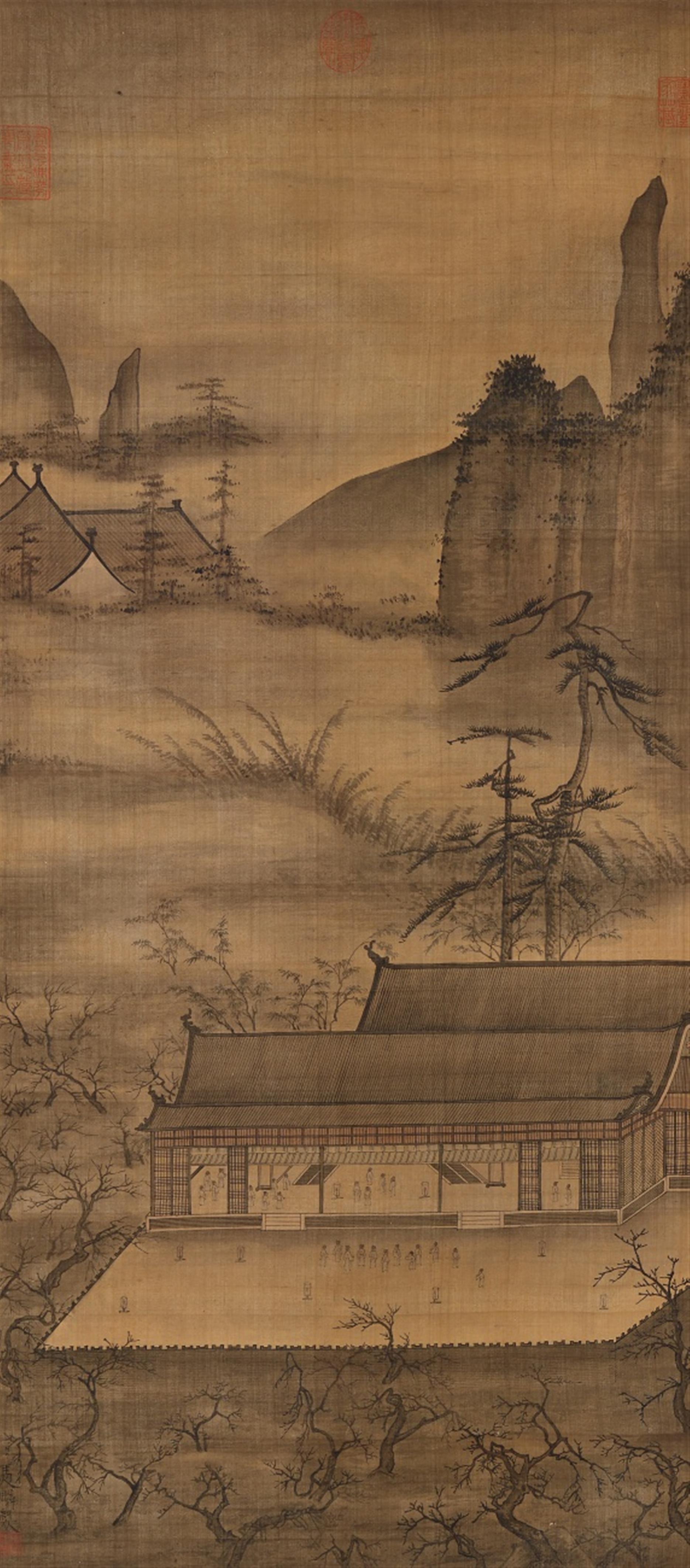 After Ma Lin . Qing-Zeit - A landscape with a temple. Hanging scroll. Ink on silk. Inscribed Ma Lin, sealed Ma Lin and three collector's seals. - image-1