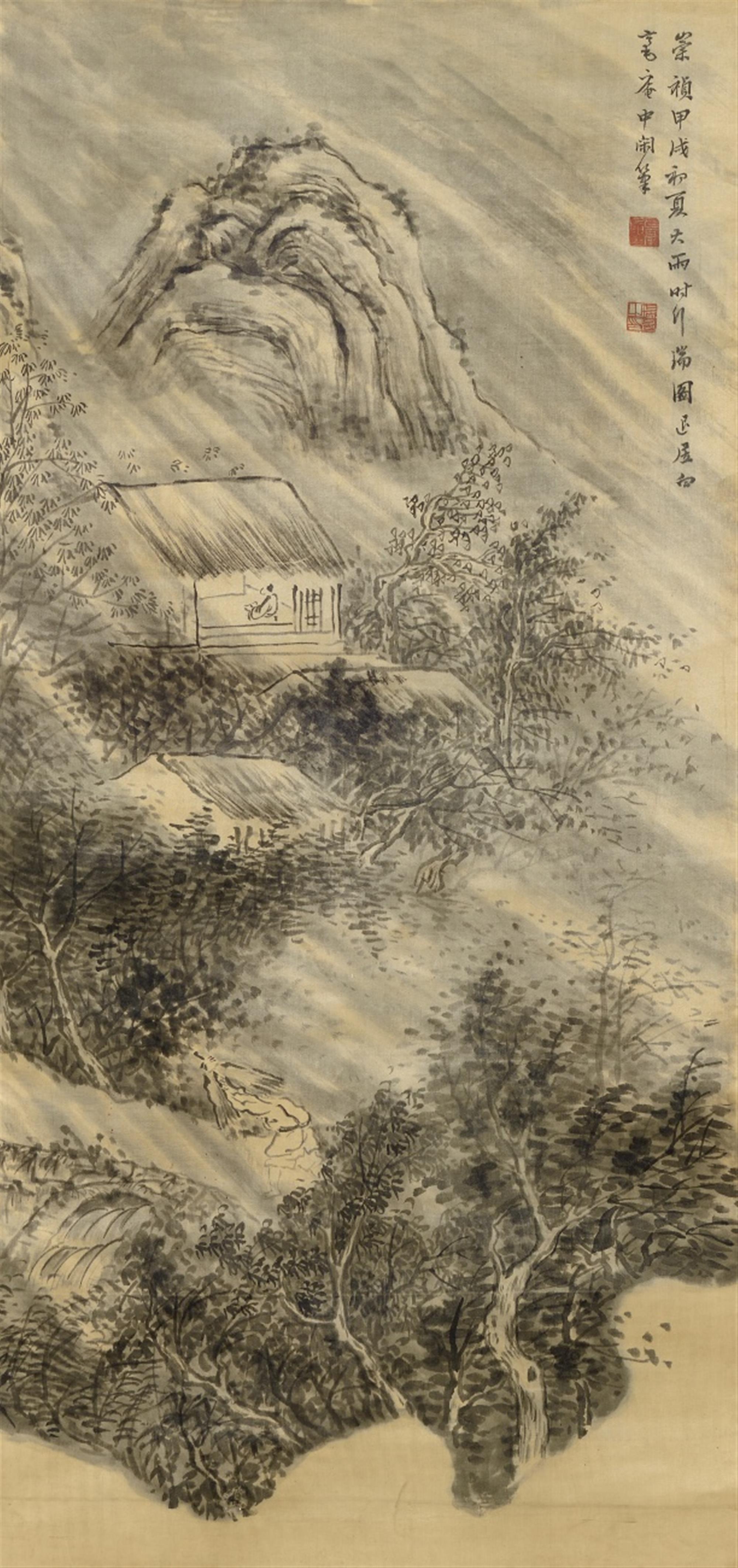 After Zhang Ruitu - A landscape with a thatched cottage in a storm. Hanging scroll. Ink on silk. Inscription, dated cyclically Chongzhen jiaxu (1634), inscribed Ruitu, Bai Hao'an, sealed Bai Hao'an... - image-1