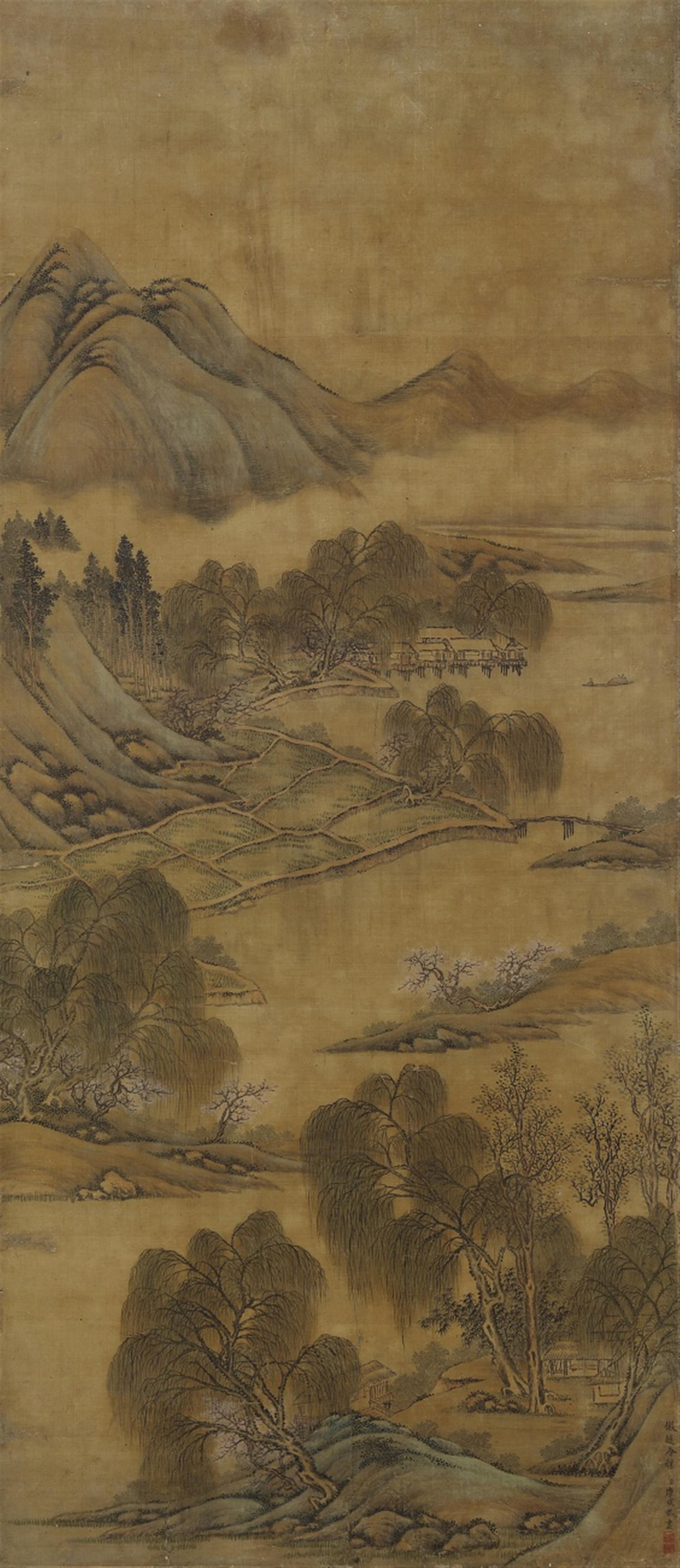Tang Dai - A landscape in the style of Zhao Lingrang. Hanging scroll. Ink and light colour on silk. Inscription, signed Tang Dai and with illegible seal. - image-1
