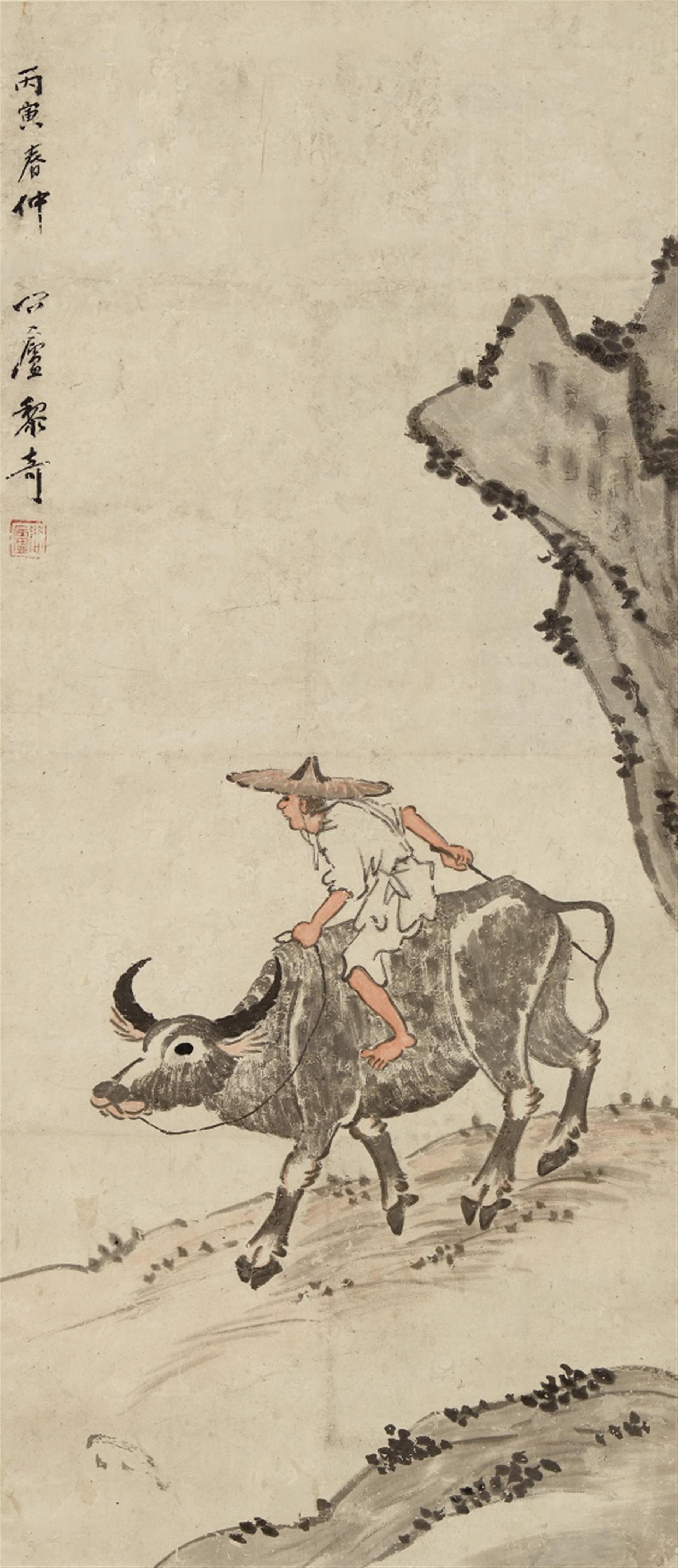 Li Qi . First half 20th century - A shepherd boy with water buffalo. Hanging scroll. Ink and light colour on paper. Inscription, dated cyclically bingyin (1926), signed Li and sealed Wenlu. - image-1