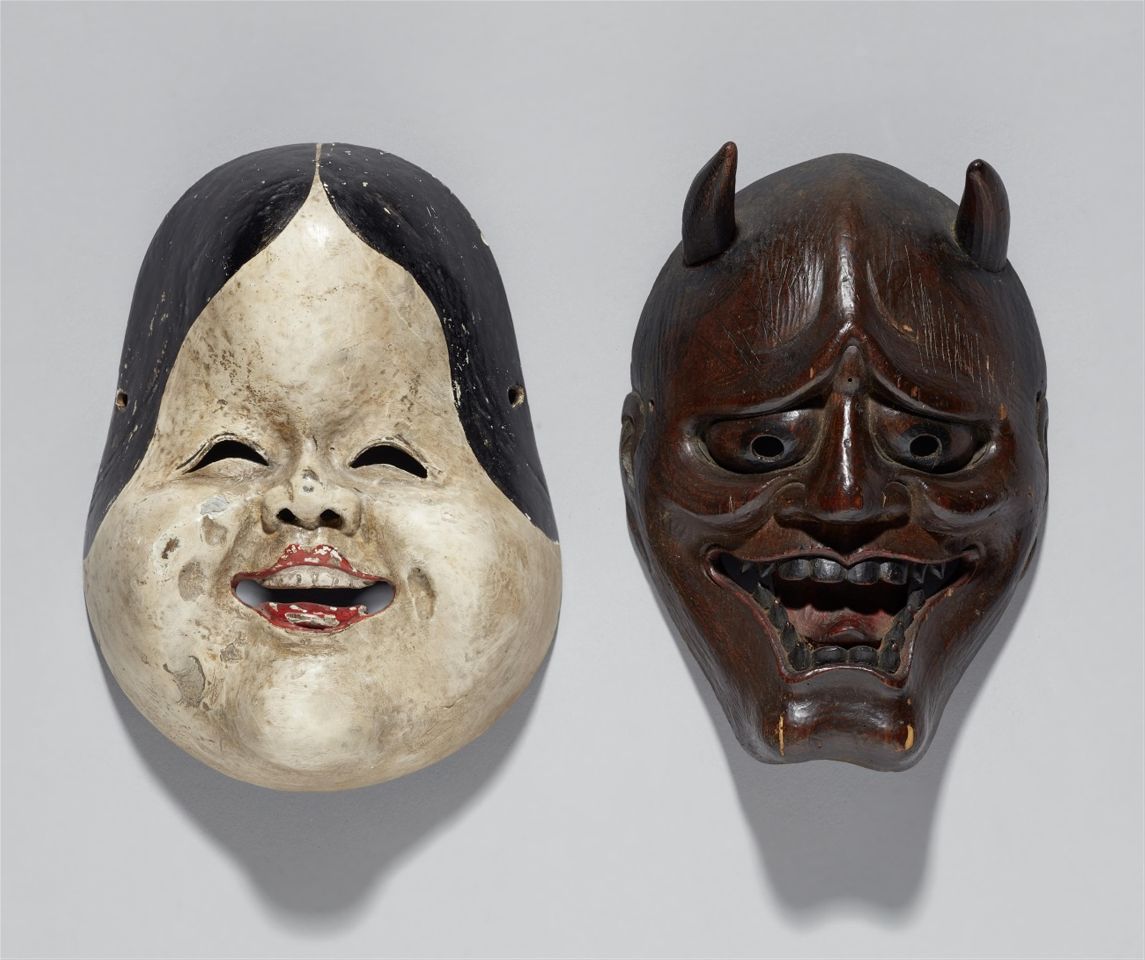 A kyogen mask and another mask. Wood, lacquer and pigments. 18th/19th century - image-1