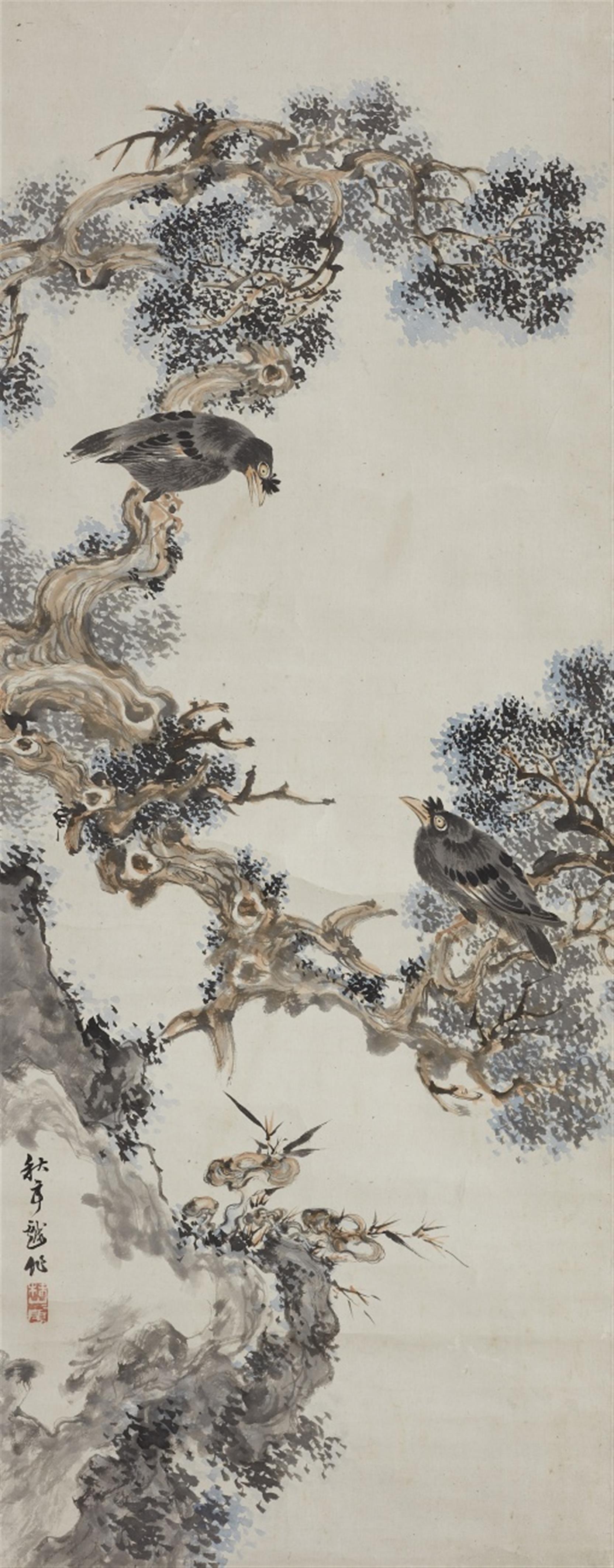 Tsubaki Chinzan - Hängerollen. Zwei Krähen in einem alten Baum mit reishi. Tusche und leichte Farben auf Papier. Aufschrift Shutei...saku (in der Art von ....)  und Siegel: Chinzan in? Zwei Holzk... - image-1