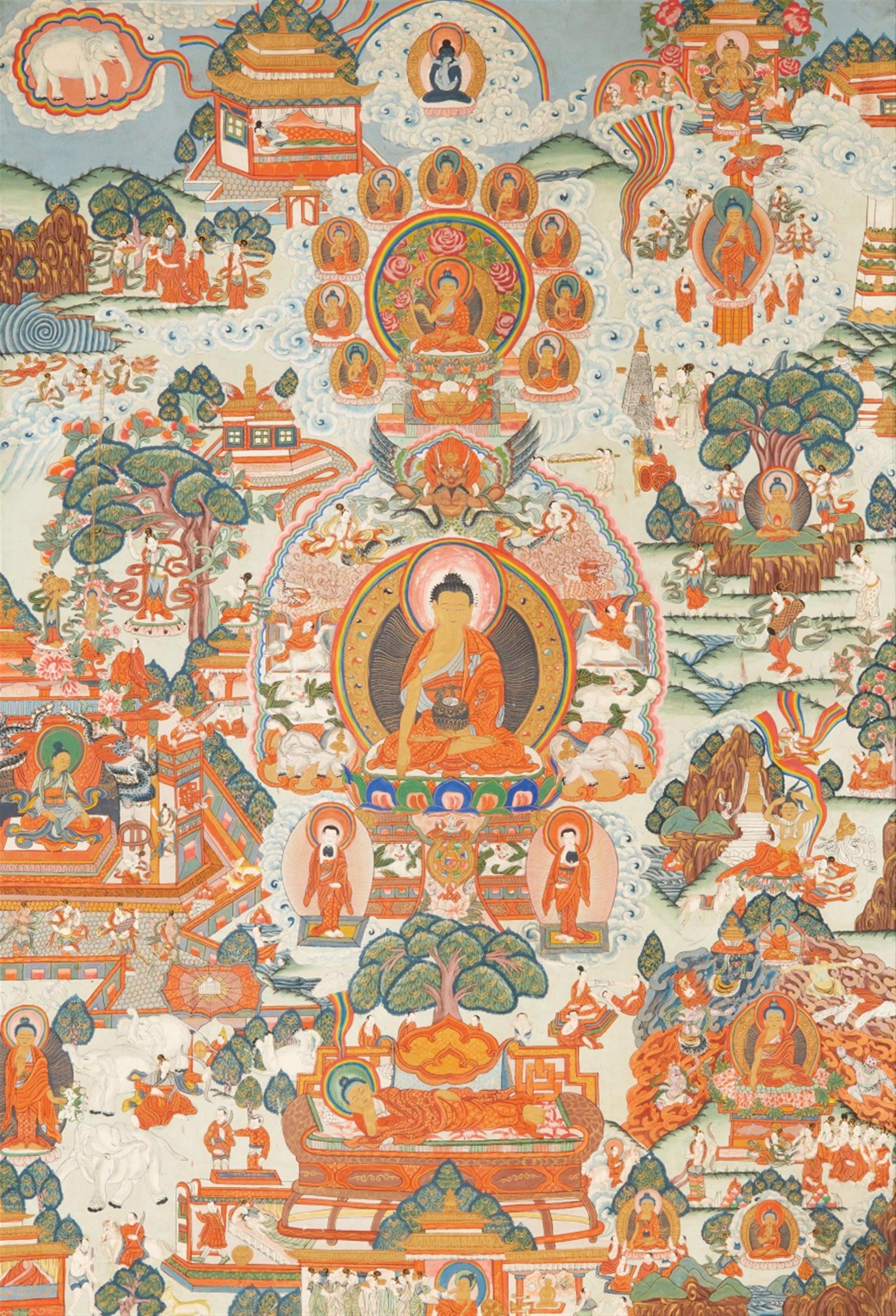 Thangka des Buddha Shakyamuni mit Szenen aus seinem Leben. Tibet. Frühes 20. Jh. - image-1