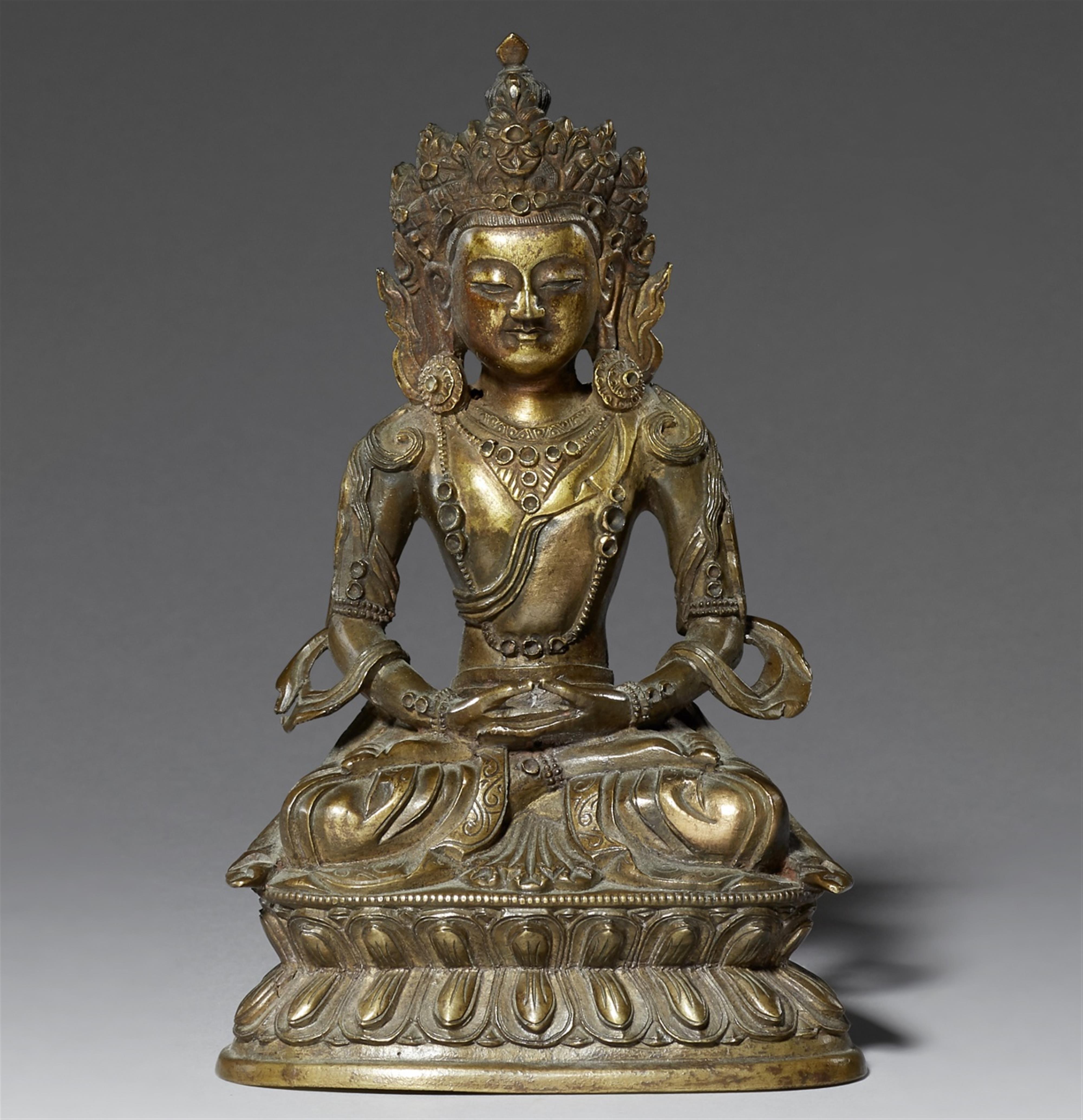 A Tibetochinese partially gilt bronze figure of Buddha Amitayus. 18th century - image-1