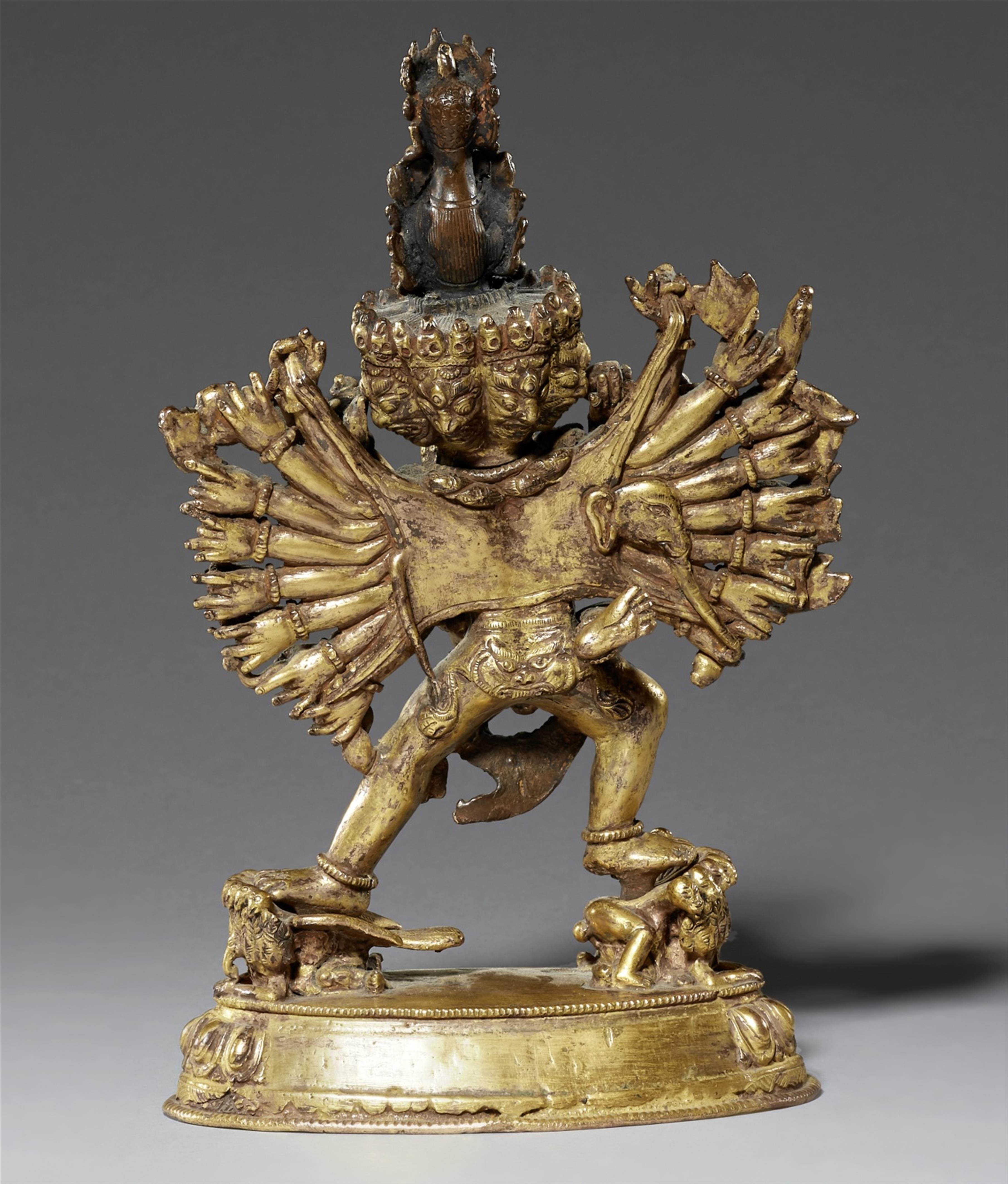 A Nepalese gilt bronze figure of Yamantaka Vajrabhairava in yab-yum. 18th century - image-2