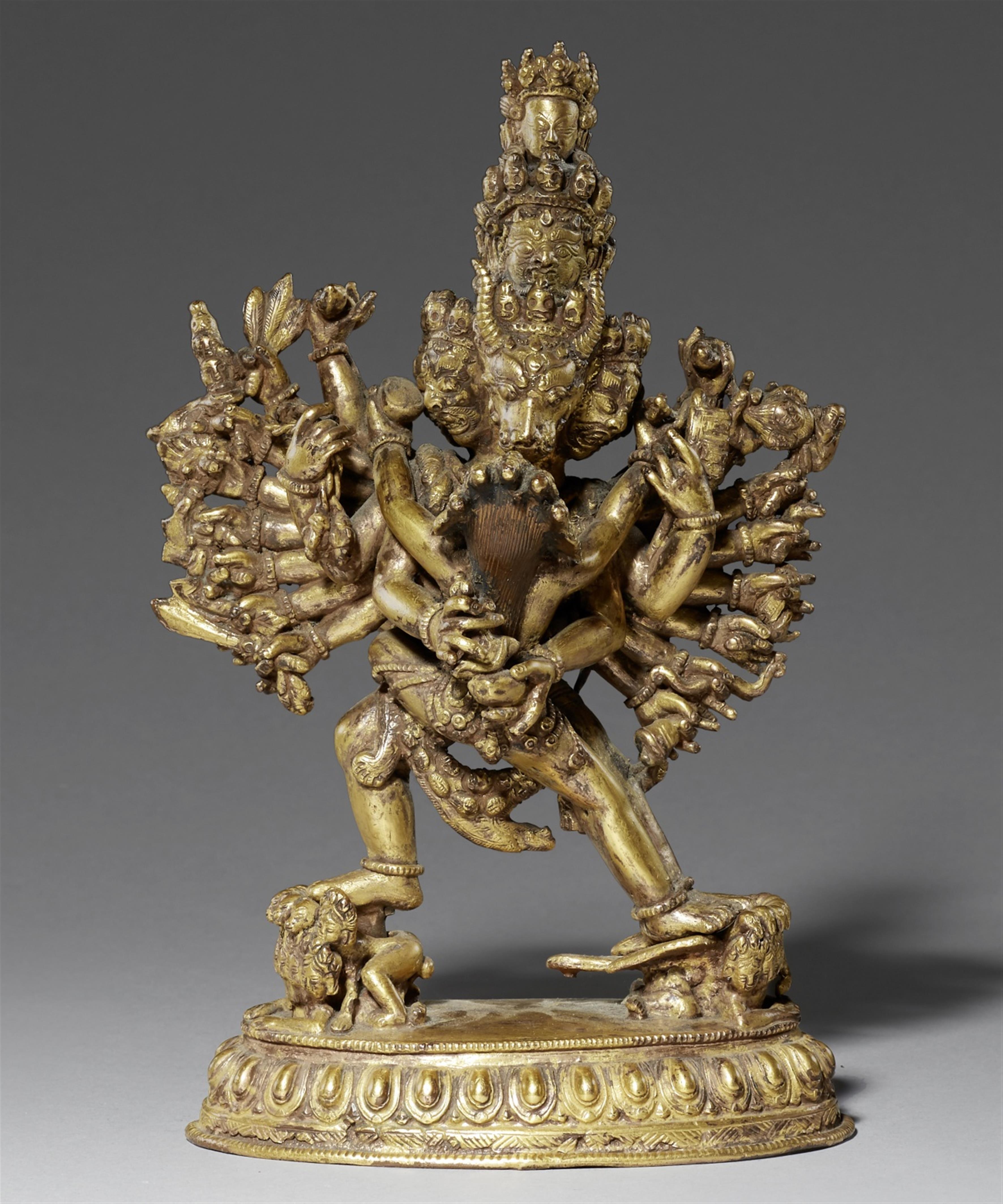 A Nepalese gilt bronze figure of Yamantaka Vajrabhairava in yab-yum. 18th century - image-1