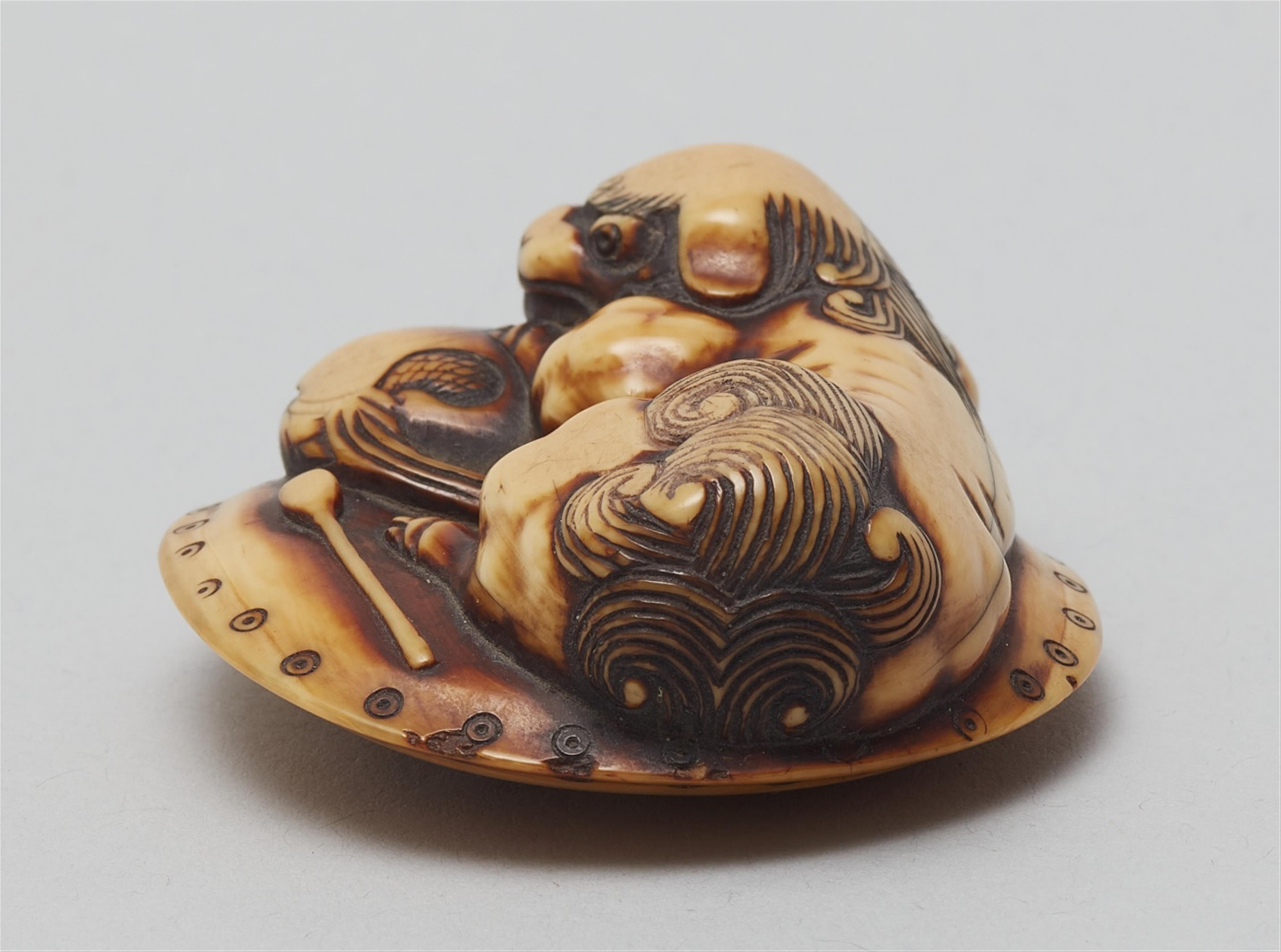 A stained ivory netsuke of a shishi lying on a cushion. Early 19th century - image-4