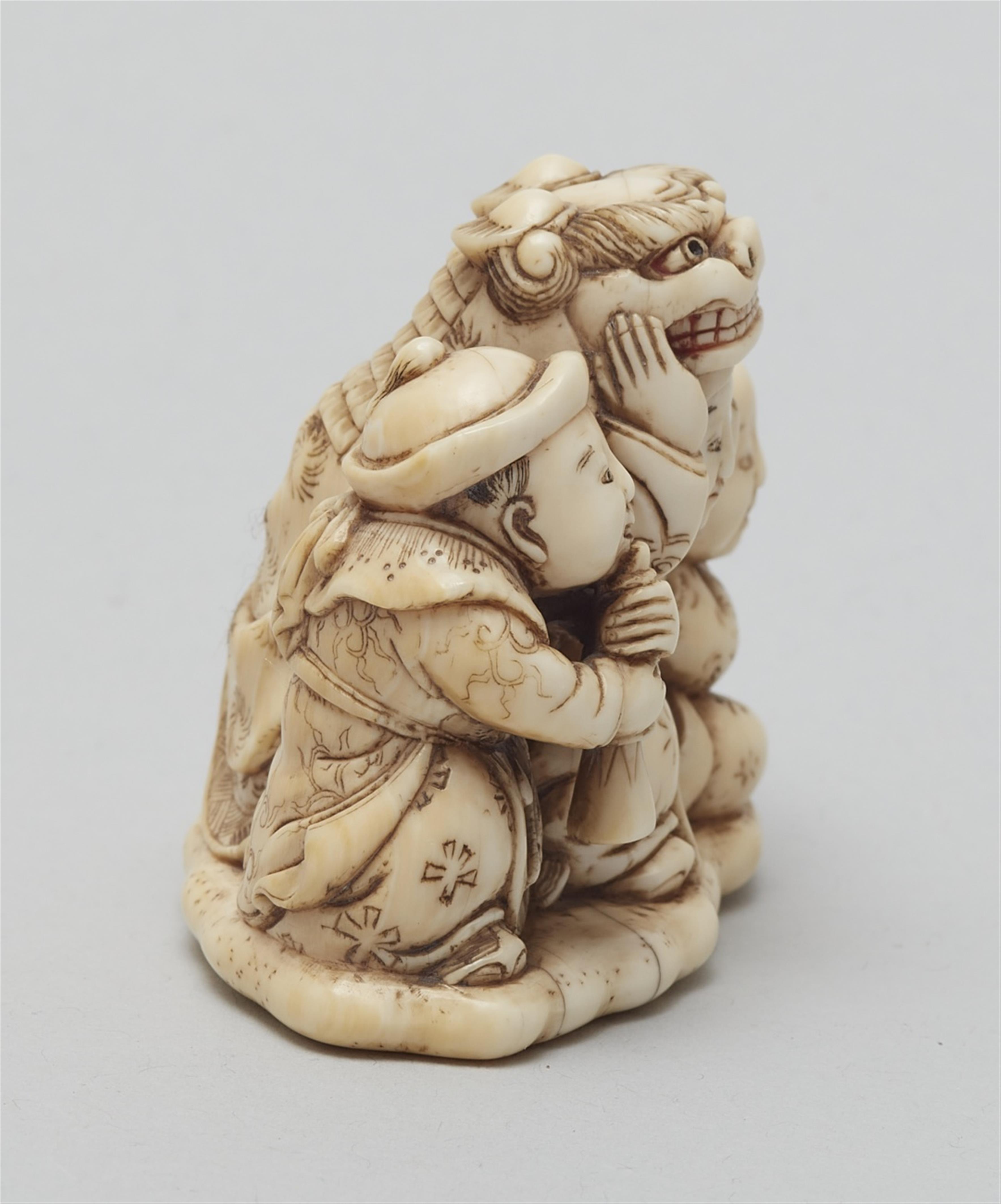 A large ivory okimono netsuke of three karako at shishimai, by Nagatsugu. Second half 19th century - image-4