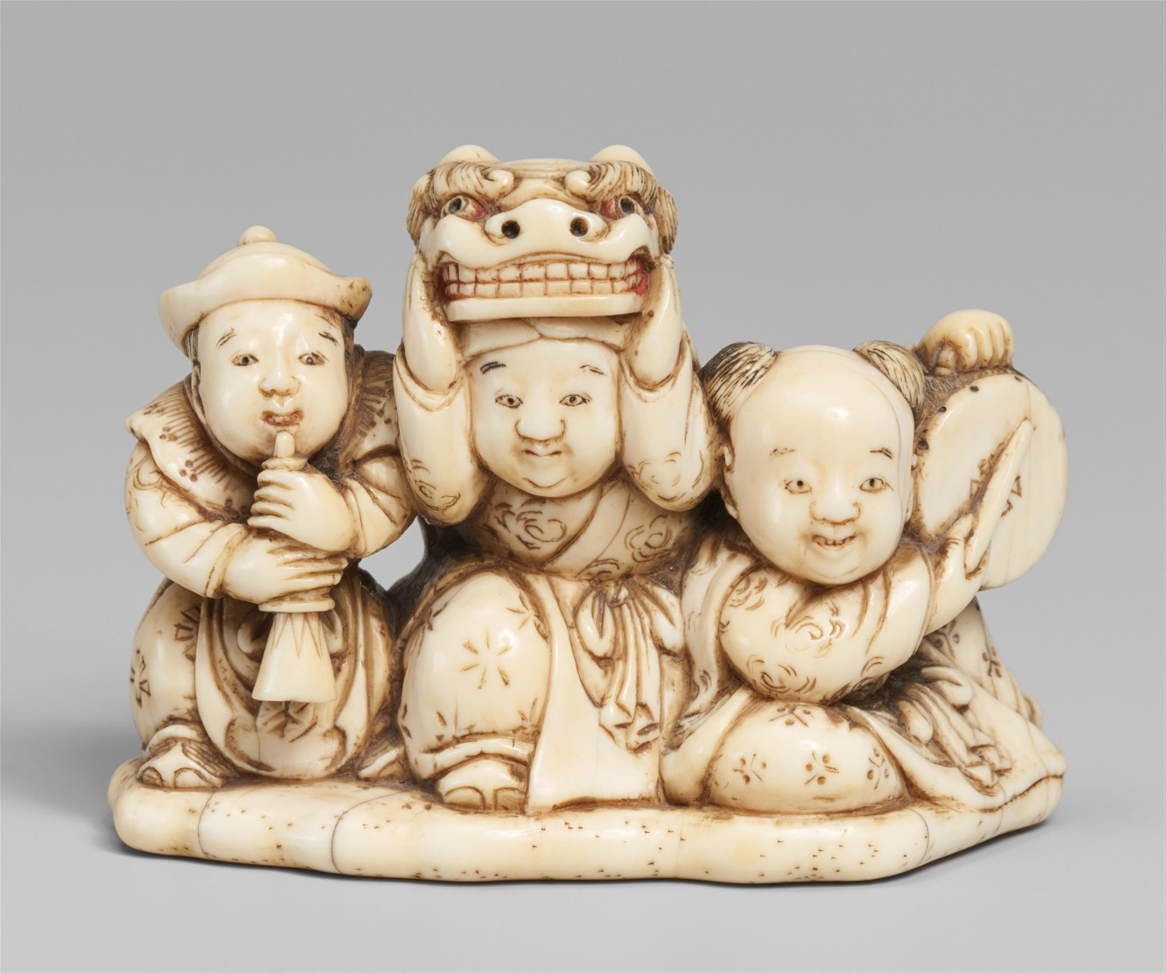 A large ivory okimono netsuke of three karako at shishimai, by Nagatsugu. Second half 19th century - image-1