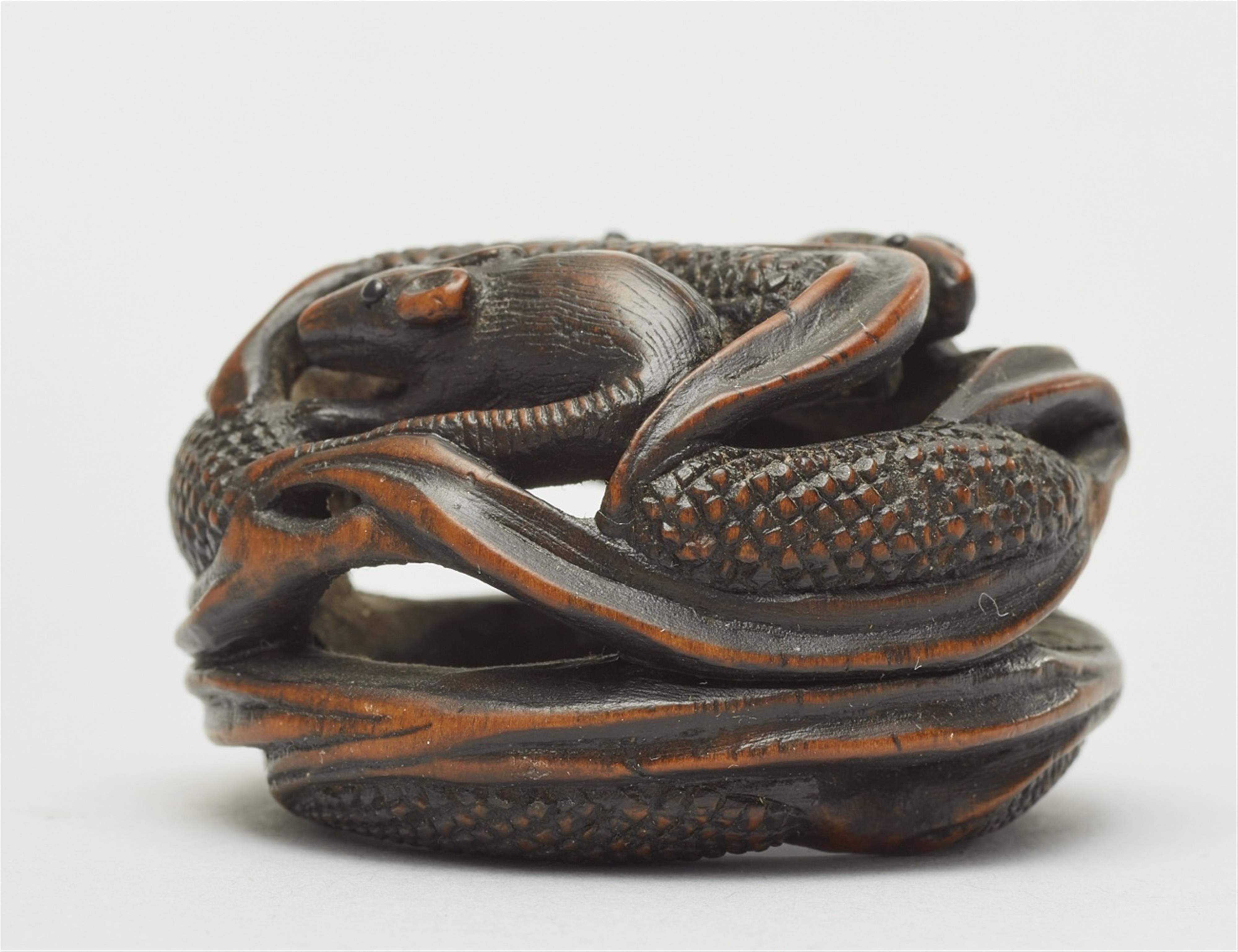 A stained boxwood ryûsa manjû netsuke of rats on millet. Second half 19th century - image-3