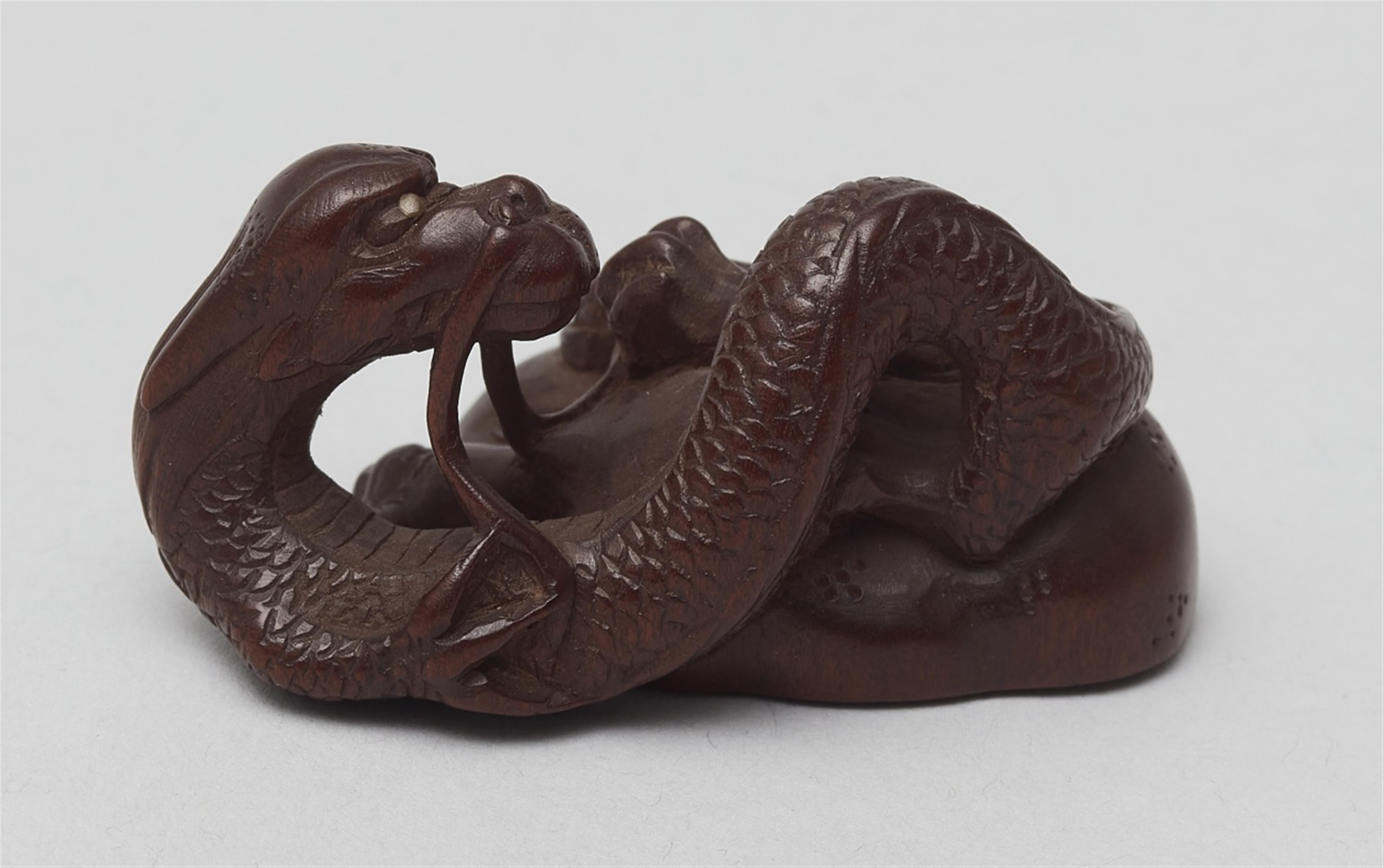 A wood netsuke of a slender  two-horned dragon. 19th century - image-2