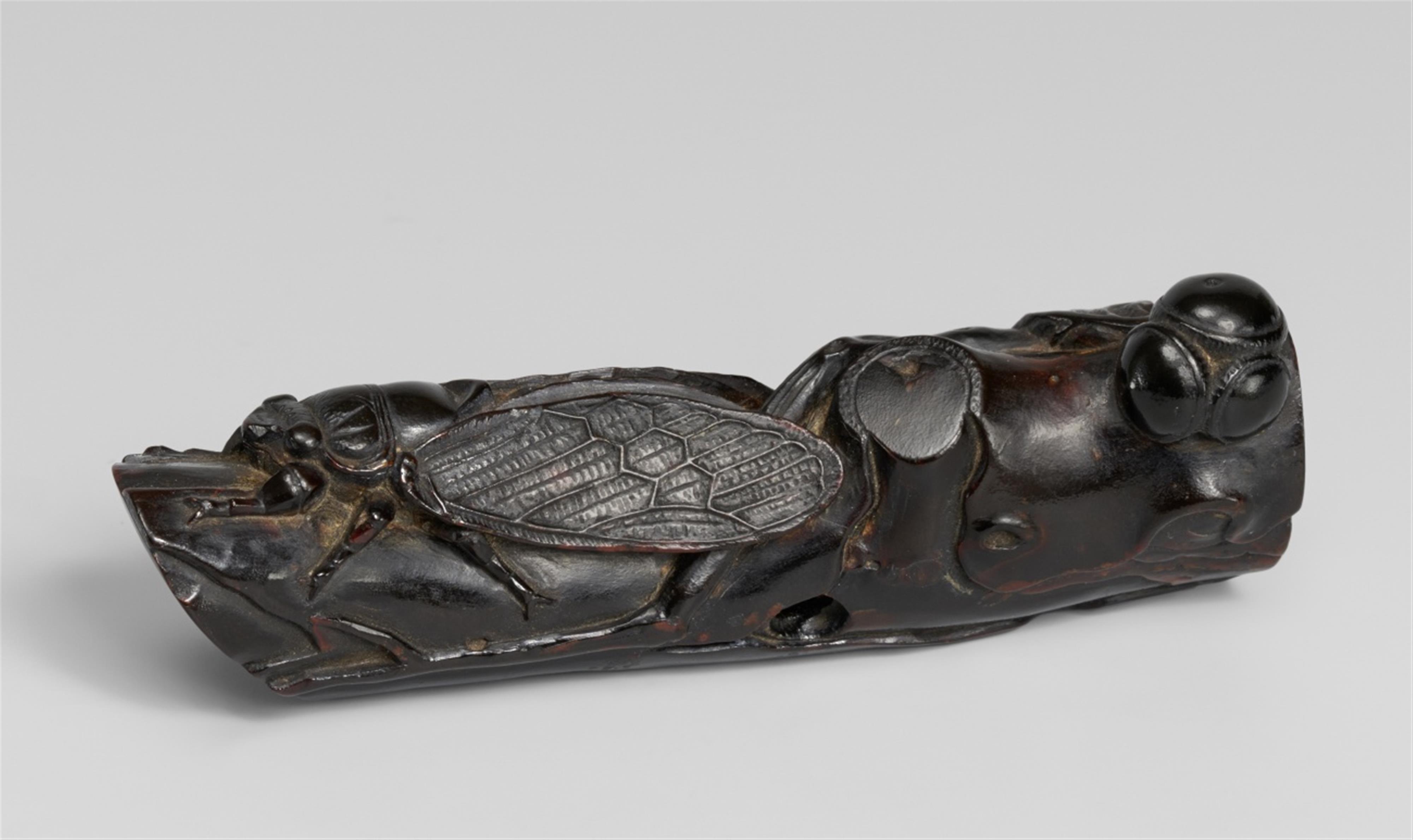 A large umimatsu netsuke of a cicada on an oak branch, by Kanman (1793-1859). Early 19th century - image-1