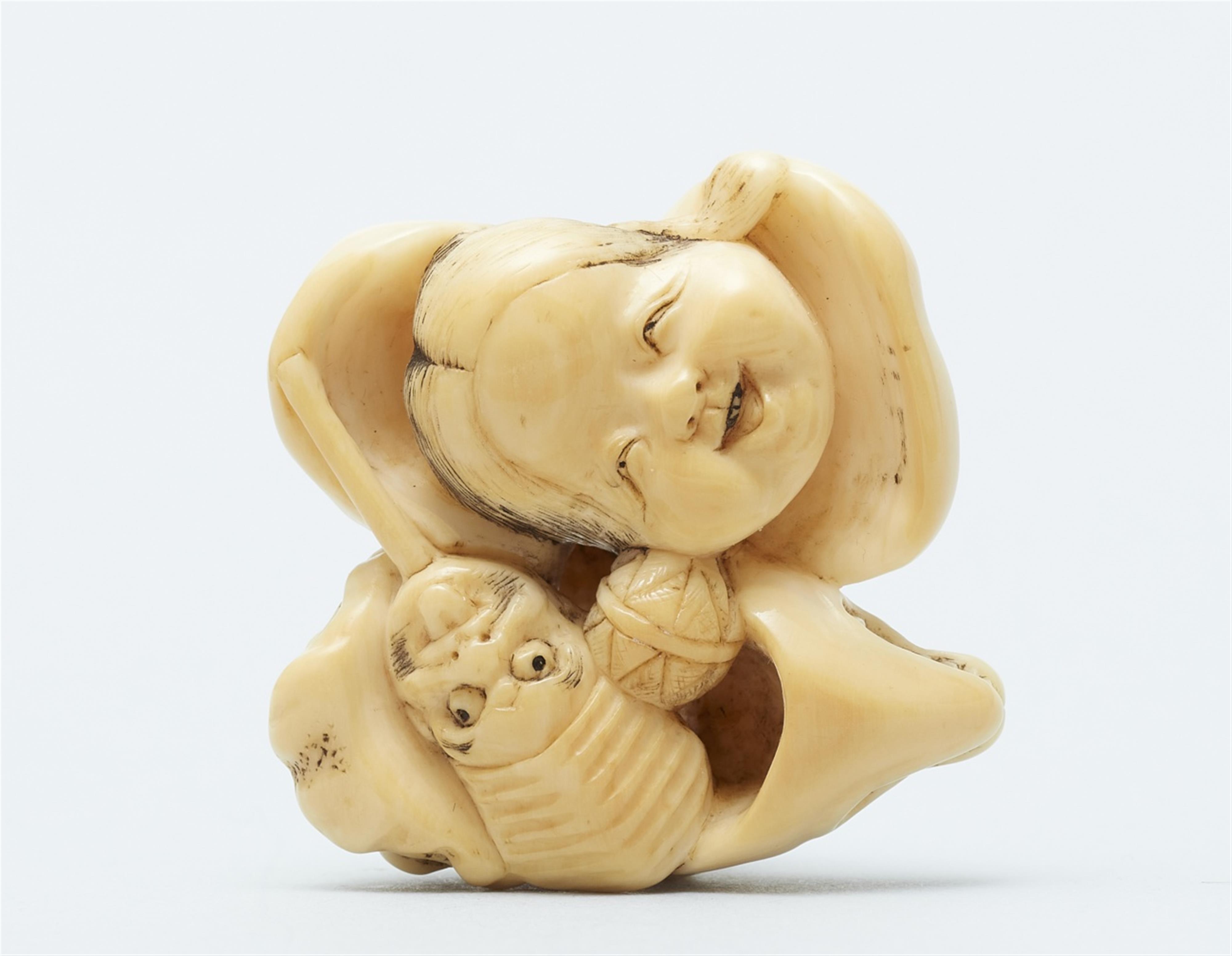 An ivory netsuke of a group of masks. Mid-19th century - image-2