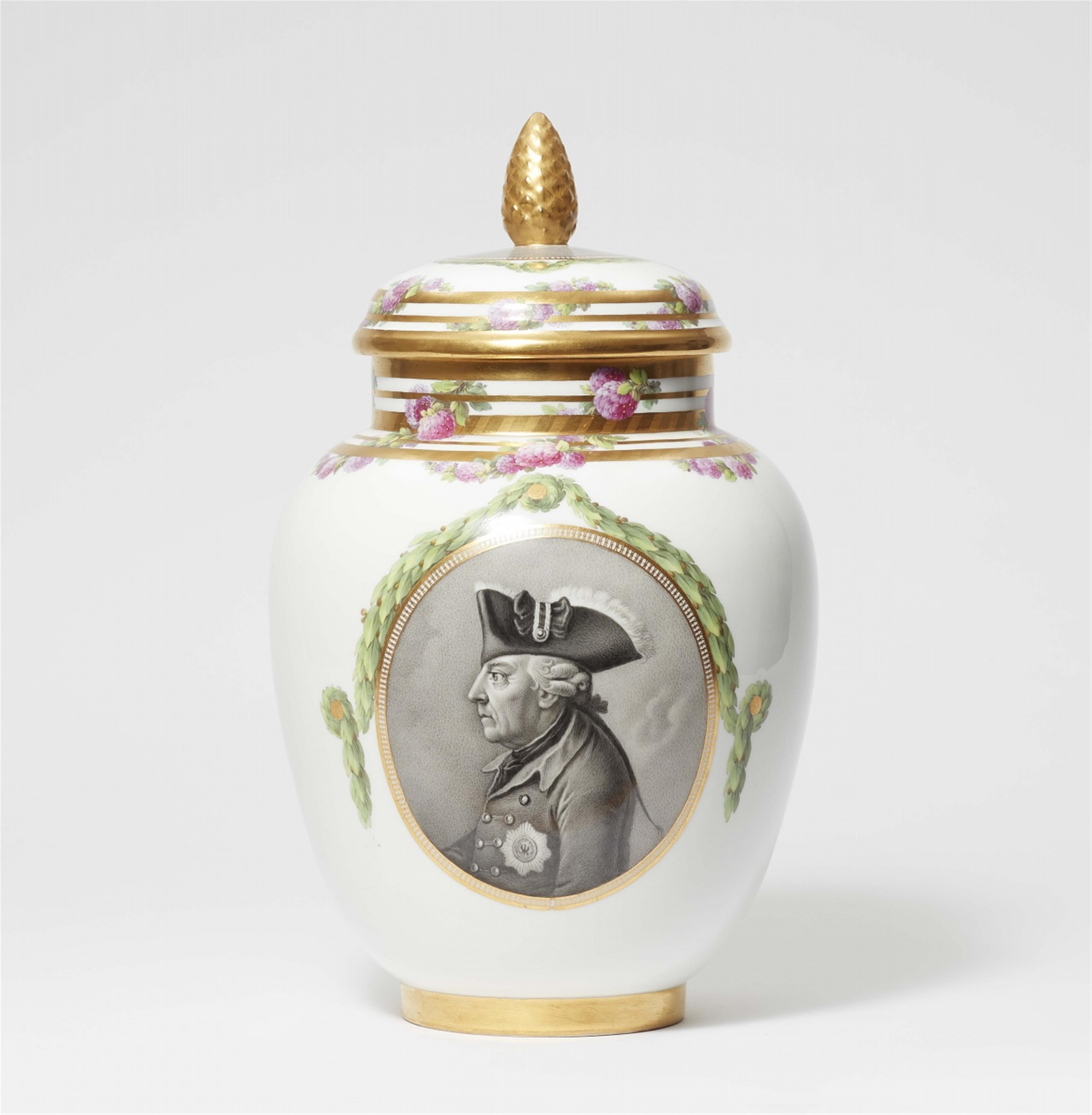 A Berlin KPM porcelain “apothekenbüchse” pot-pourri vase with a portrait of Friedrich II - image-1