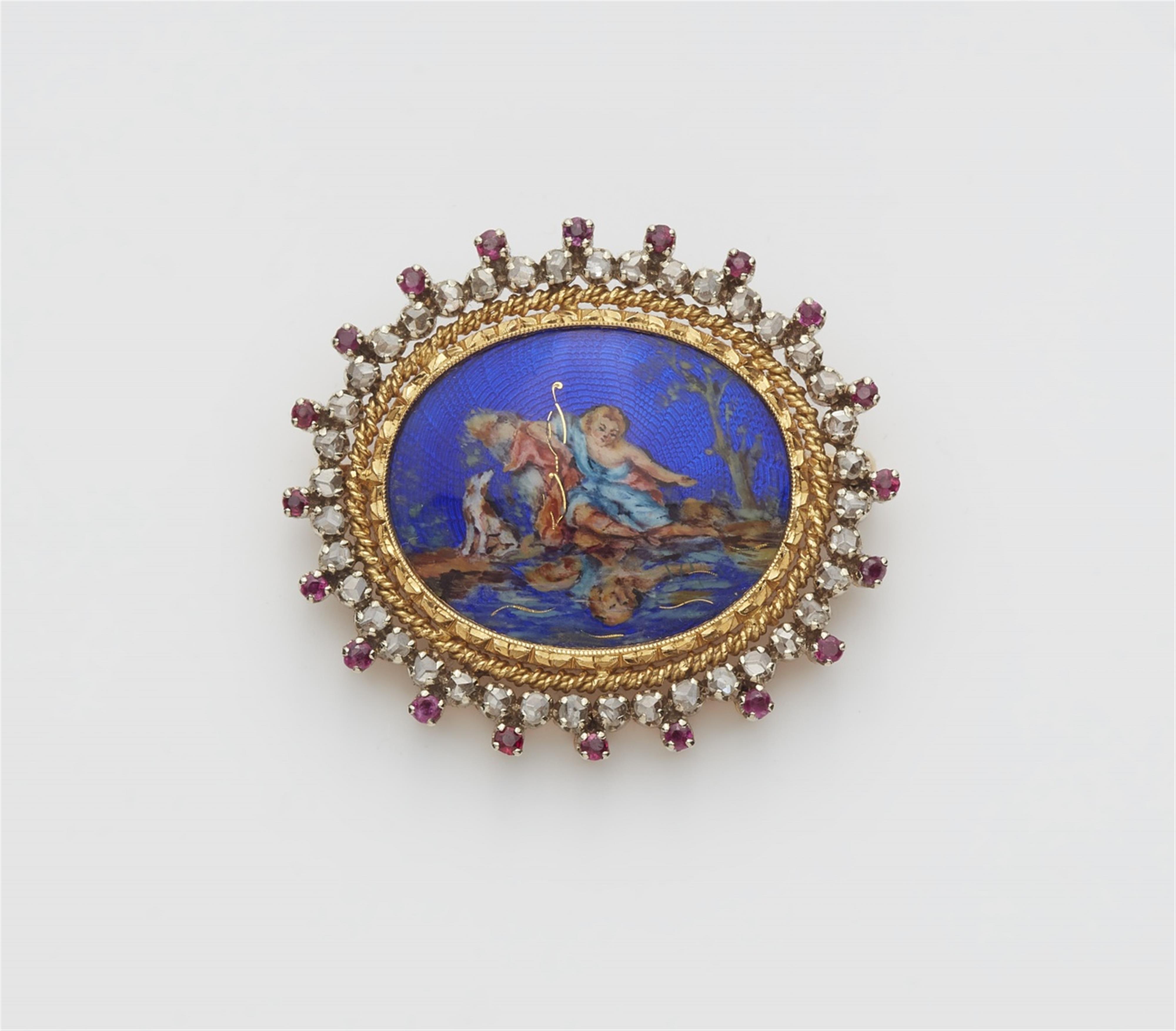 An 18k gold brooch with an enamel miniature - image-1