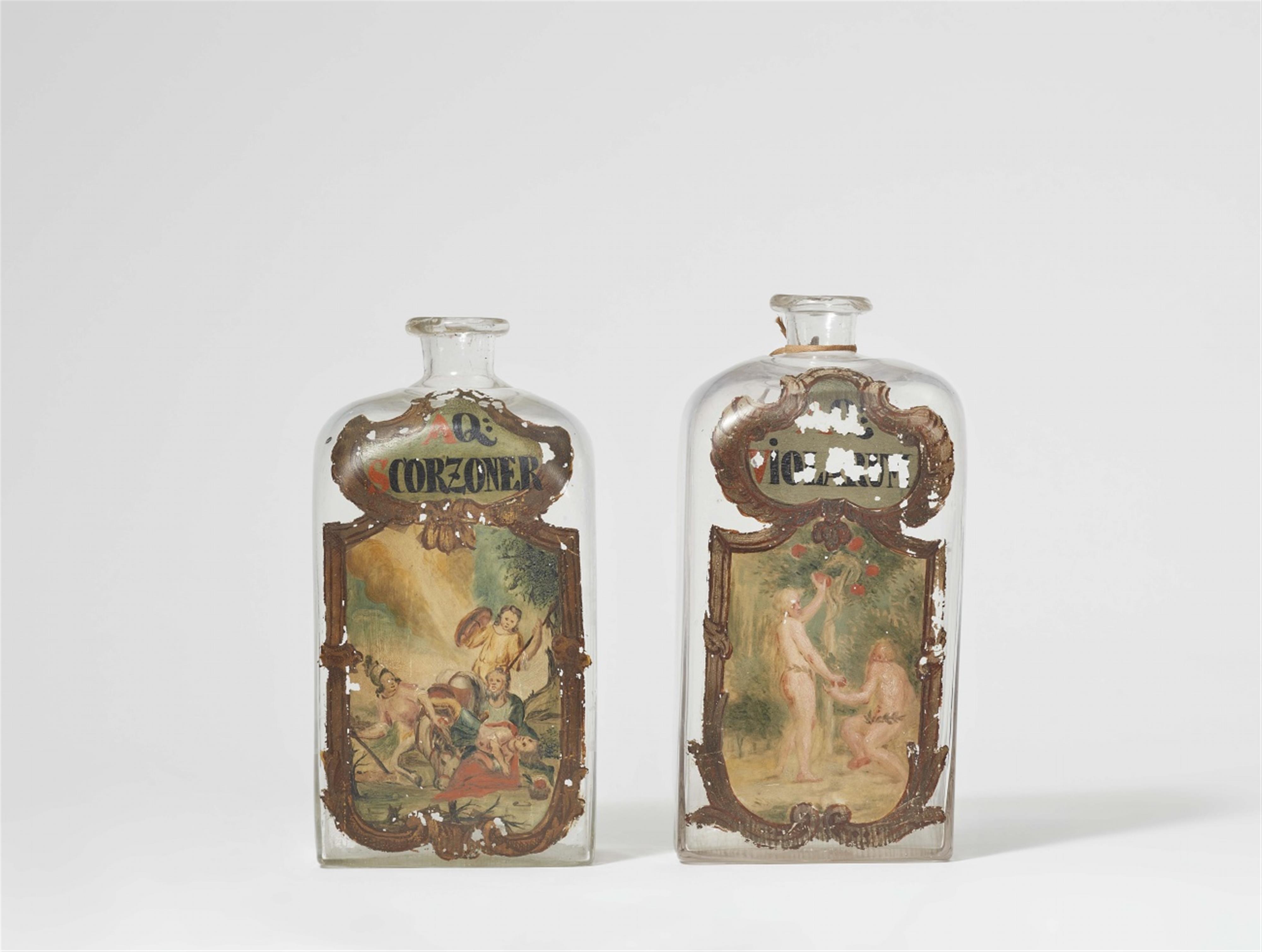 A pair of 18th century glass bottles from a monastic apothecary - image-1