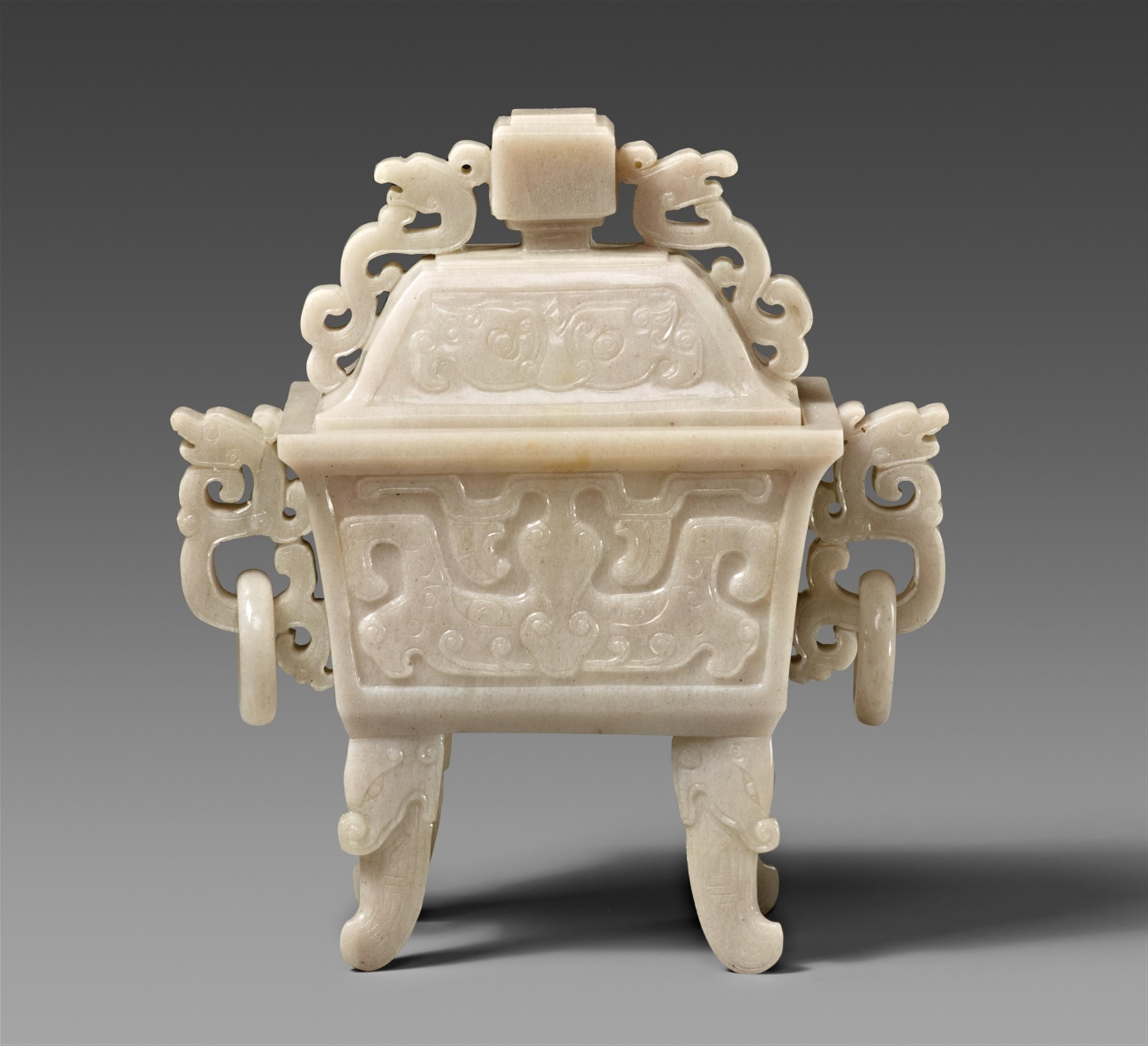 A greyish-white lidded incense burner in the shape of an archaic fang ding. Mid 20th century - image-1