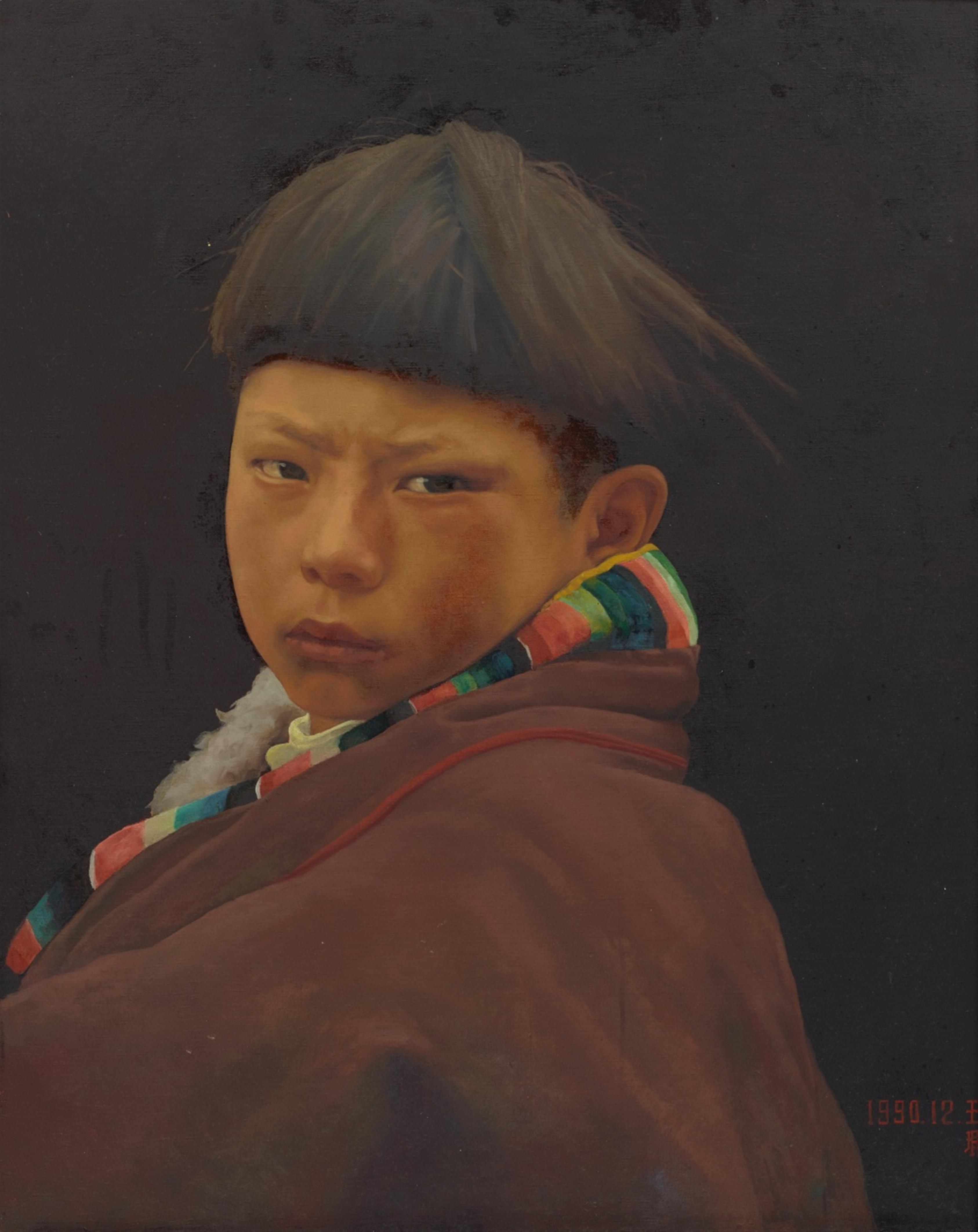 Wang Kun - A young monk. Oil on canvas. Dated and signed 1990.12. Wang Kun. Framed. - image-1