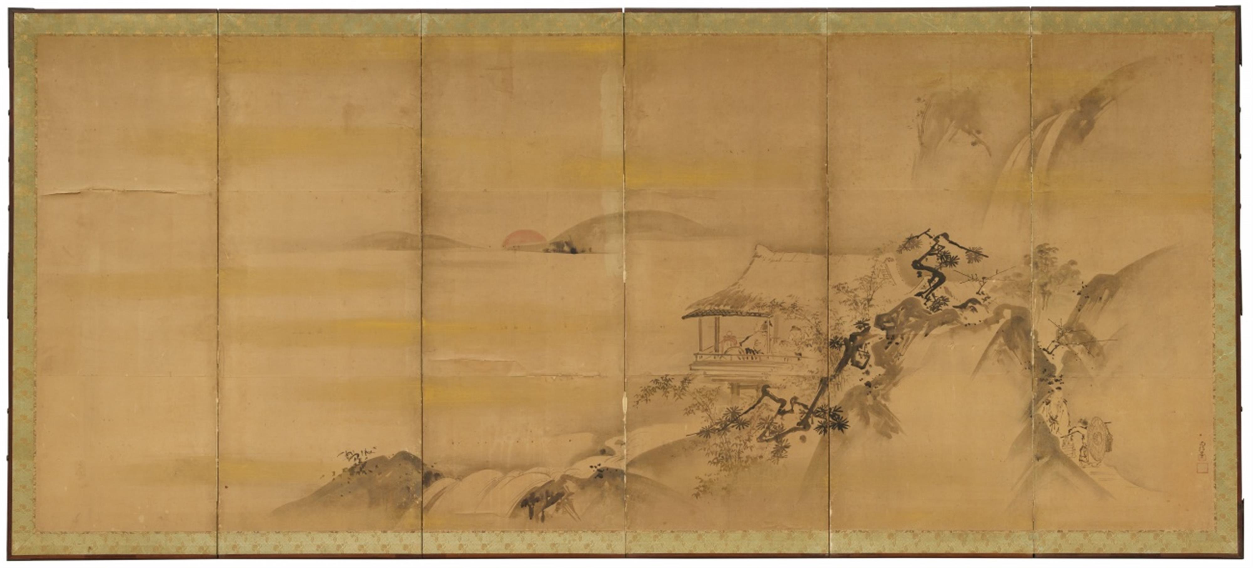 Kano Naonobu, in der Art - Paar 6-tlge Stellschirme mit Darstellung einer Winterlandschaft, rechts ein Gelehrter in einem Pavillon am Ufer bei der Betrachtung des Sonnenaufgangs während Besucher auf dem W... - image-2