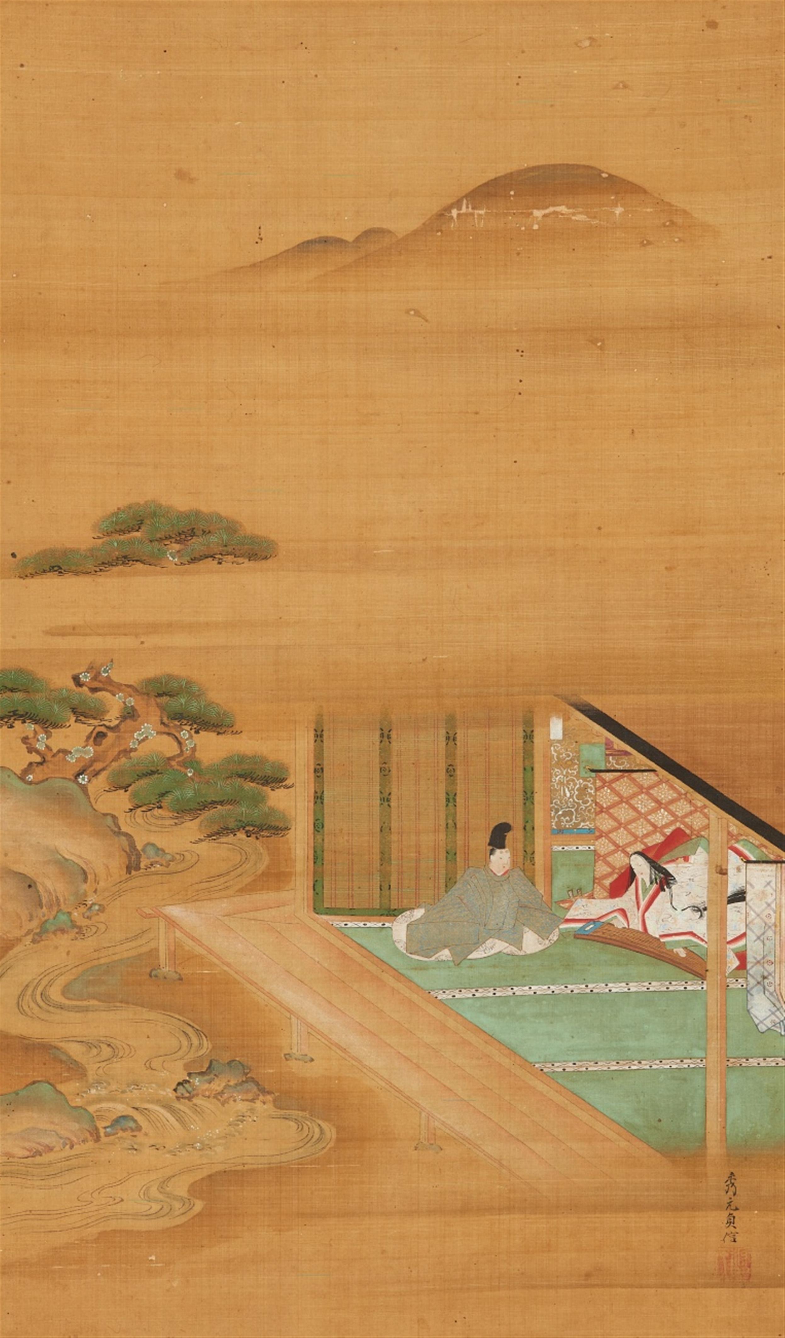 Sadanobu Kano Shogen - Hängerolle. Ein Höfling hört dem koto-Spiel einer Dame zu, wahrscheinlich eine Szene aus dem „Genji monogatari“. Tusche und Farben auf gebräunter Seide. Sign.: Shogen Sadanobu. ... - image-1