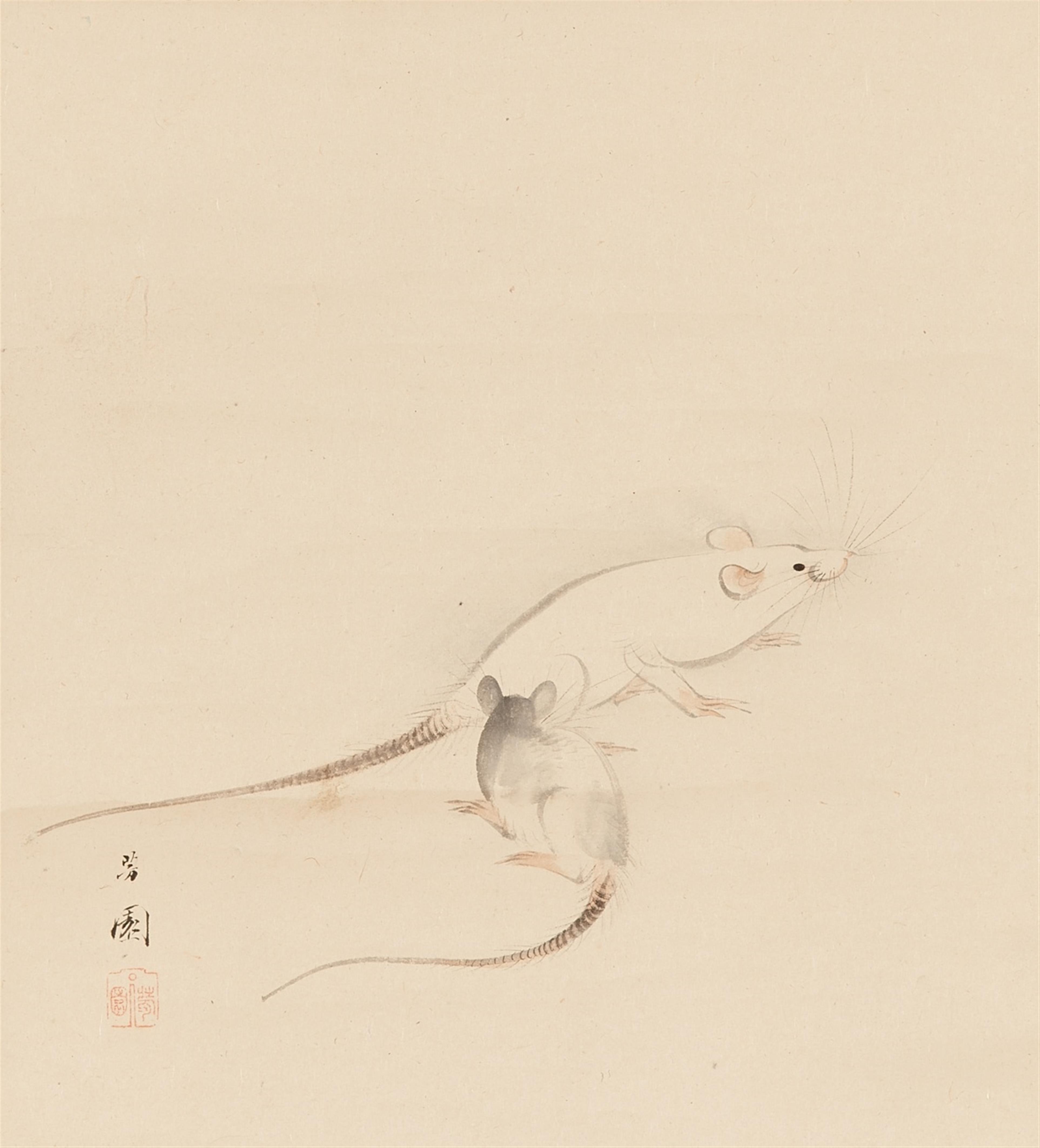 Nishiyama Hôen - Hängerolle. Zwei Ratten. Tusche und leichtes Braun auf Papier. Sign. und Siegel: Hoen. Holzkasten. - image-1