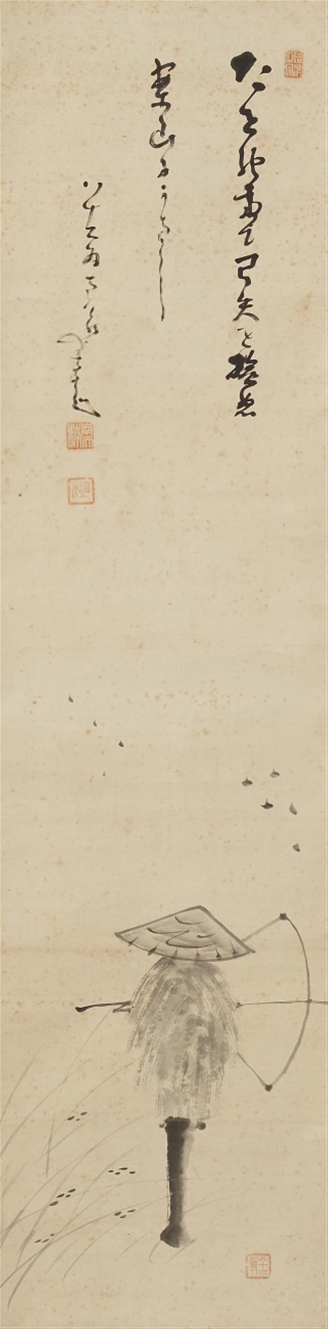 Nakahara Nantenbô - Three hanging scrolls, ink on paper. a) Scarecrow (kakashi), inscription: Taoyate no / yumi ya o mochi nu / kakashi kanashii (Tender hands hold bow and arrow, the scarecrow is s... - image-1