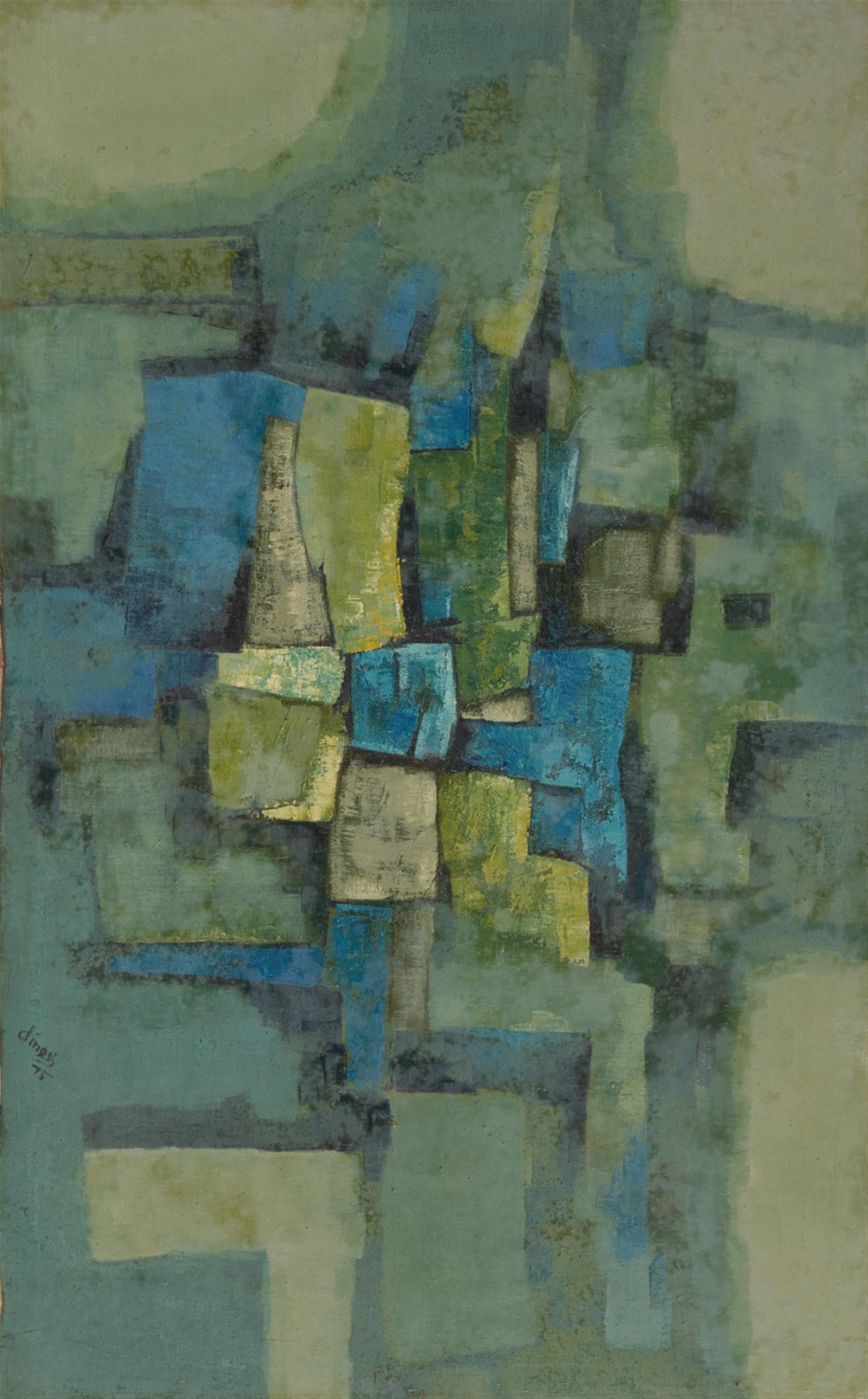 An abstract compisition. Oil on cancas. Signed and dated Dinesh (19)75. Framed. - image-1
