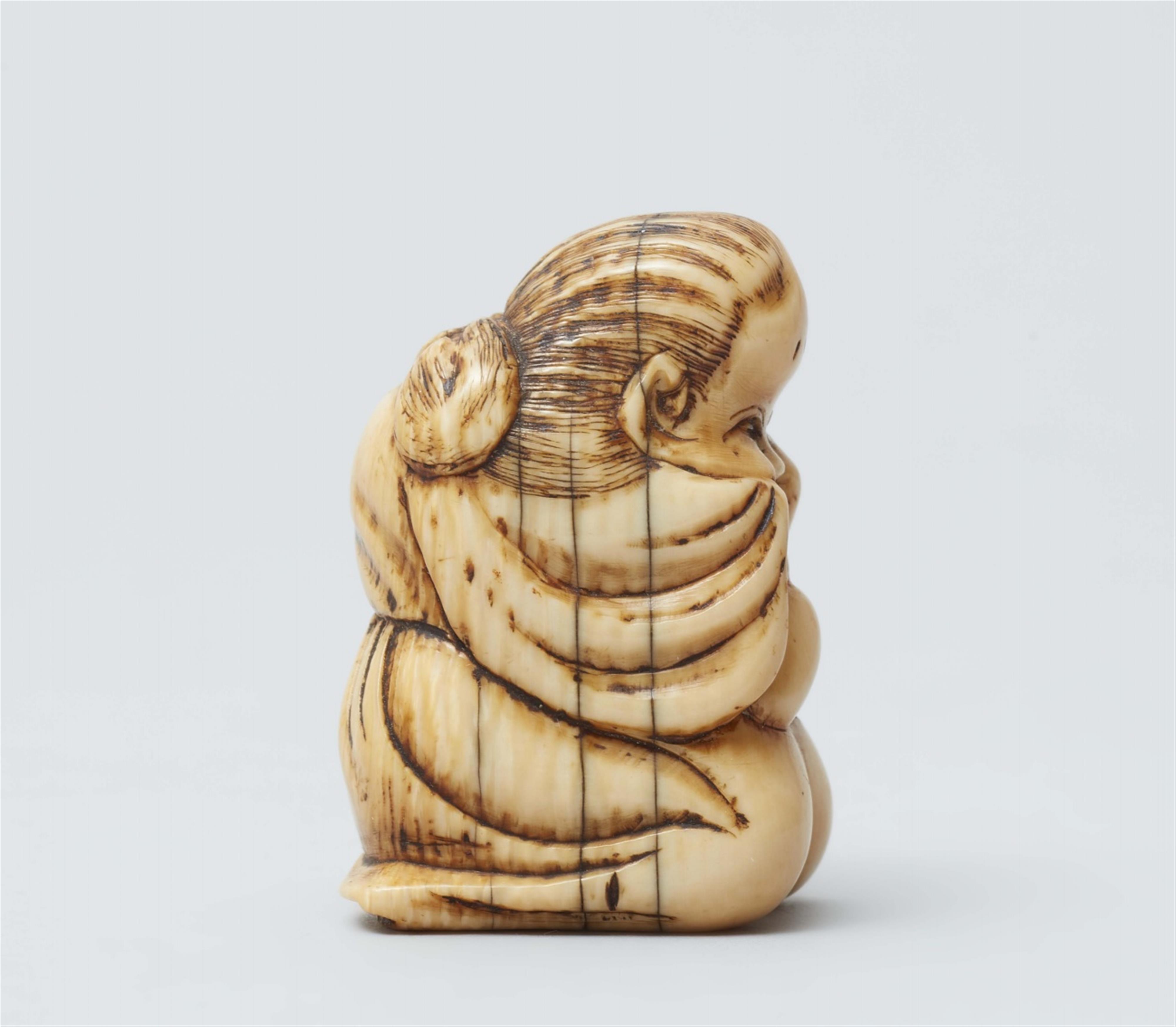 An ivory Shunga netsuke of an Okame. Early 19th century - image-4