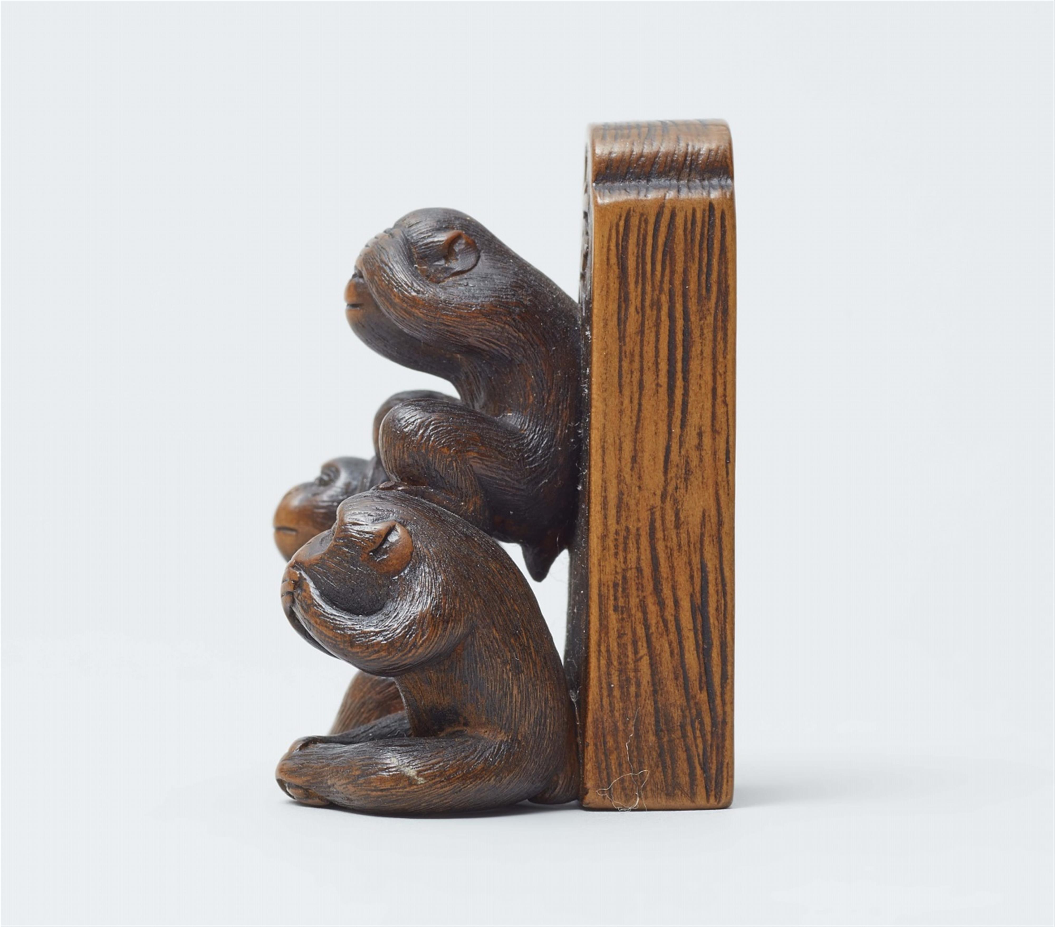 A wooden Okimono netsuke of sanbiki saru. Mid-19th century - image-4