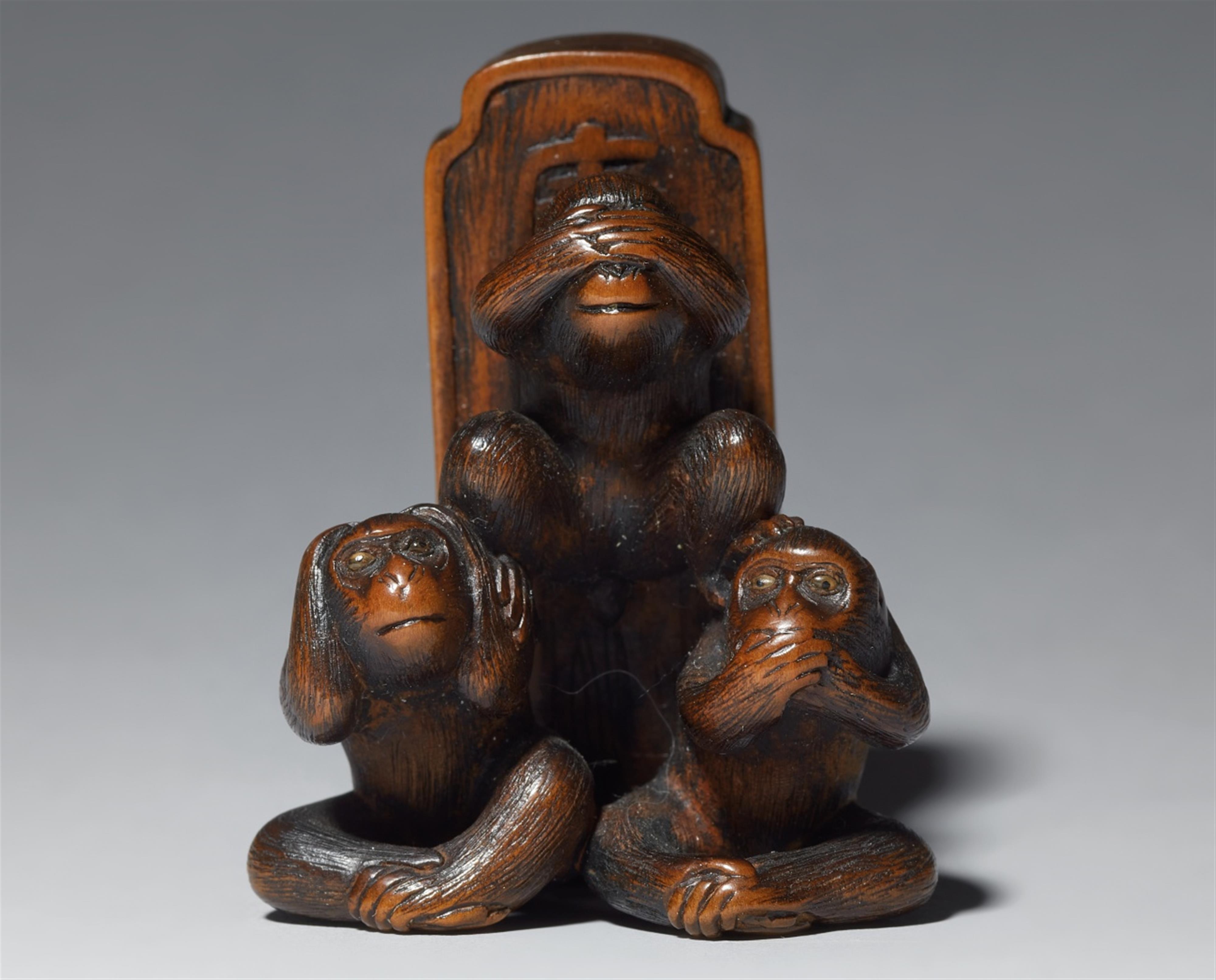 A wooden Okimono netsuke of sanbiki saru. Mid-19th century - image-1