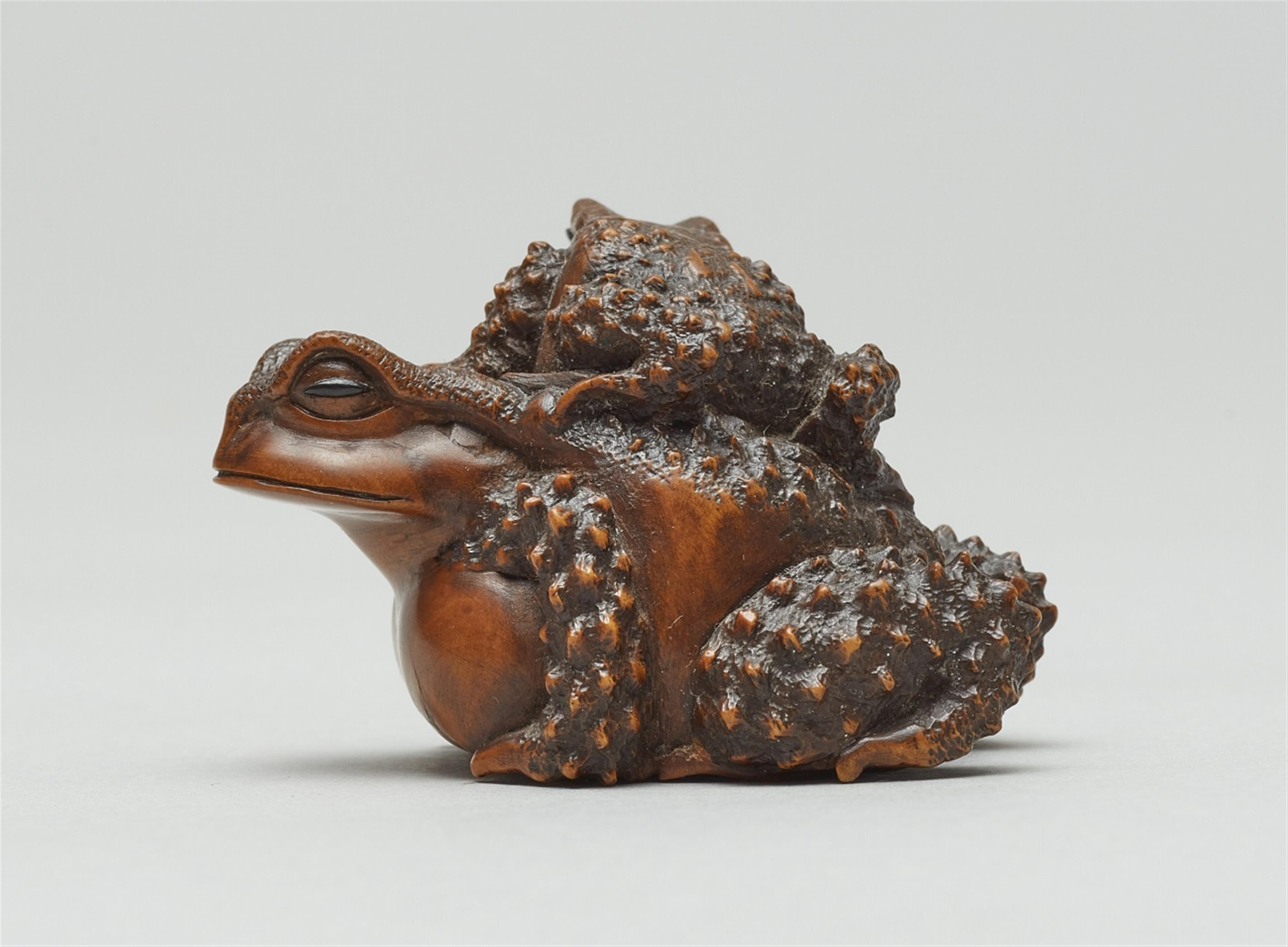 A boxwood okimono netsuke of a toad with young. Early 20th century - image-3