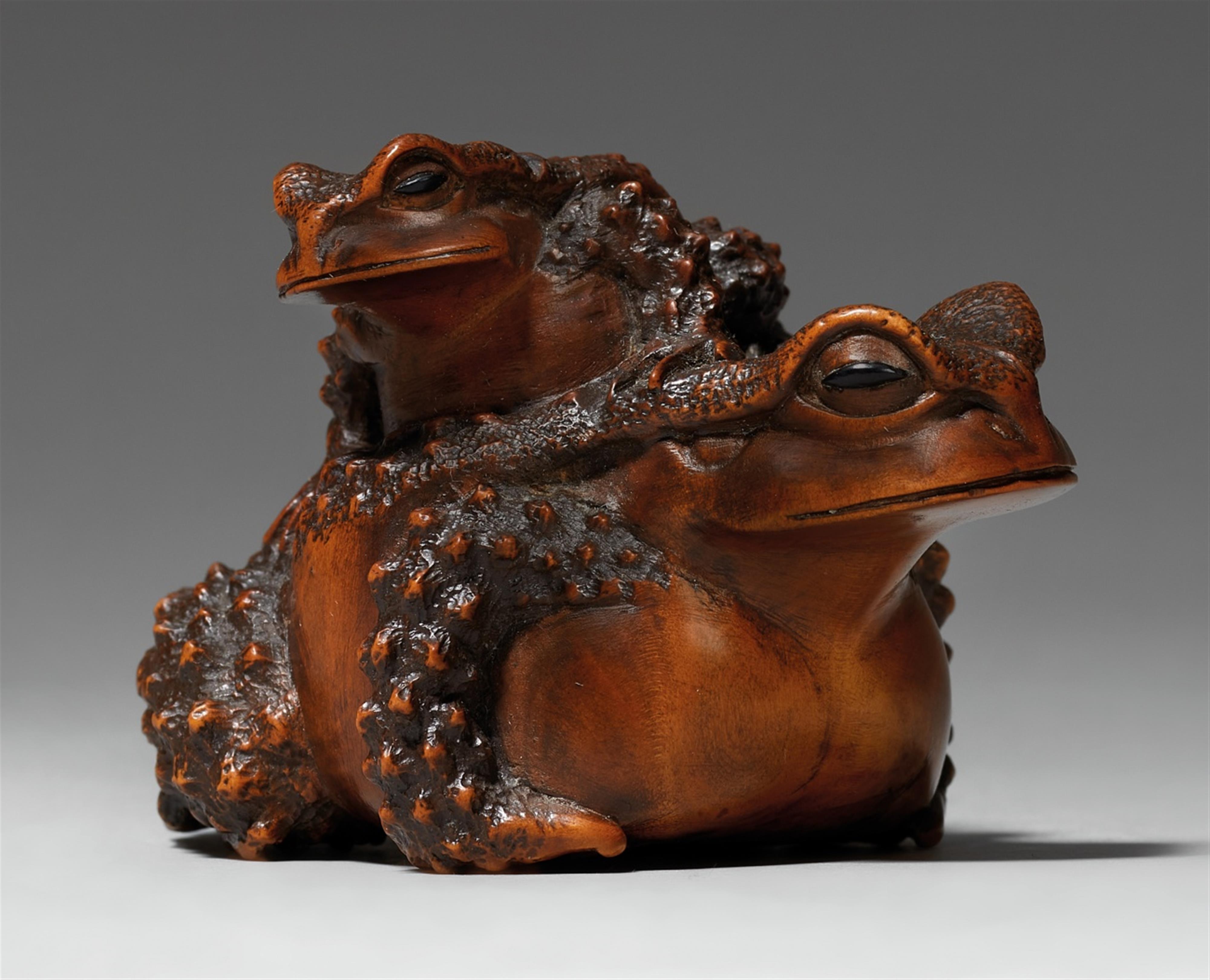 A boxwood okimono netsuke of a toad with young. Early 20th century - image-1