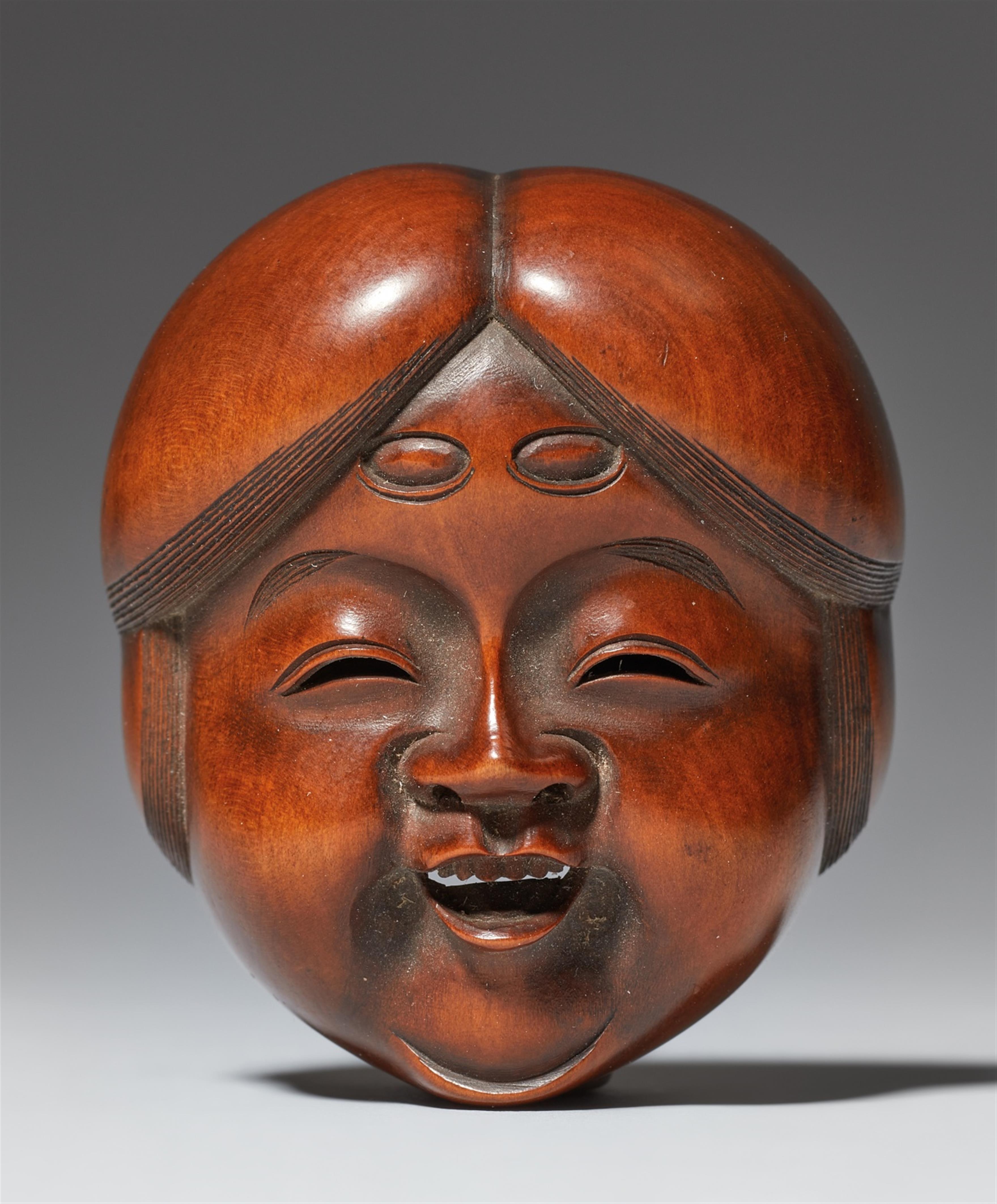 A boxwood mask netsuke of Okame. Mid-19th century - image-1