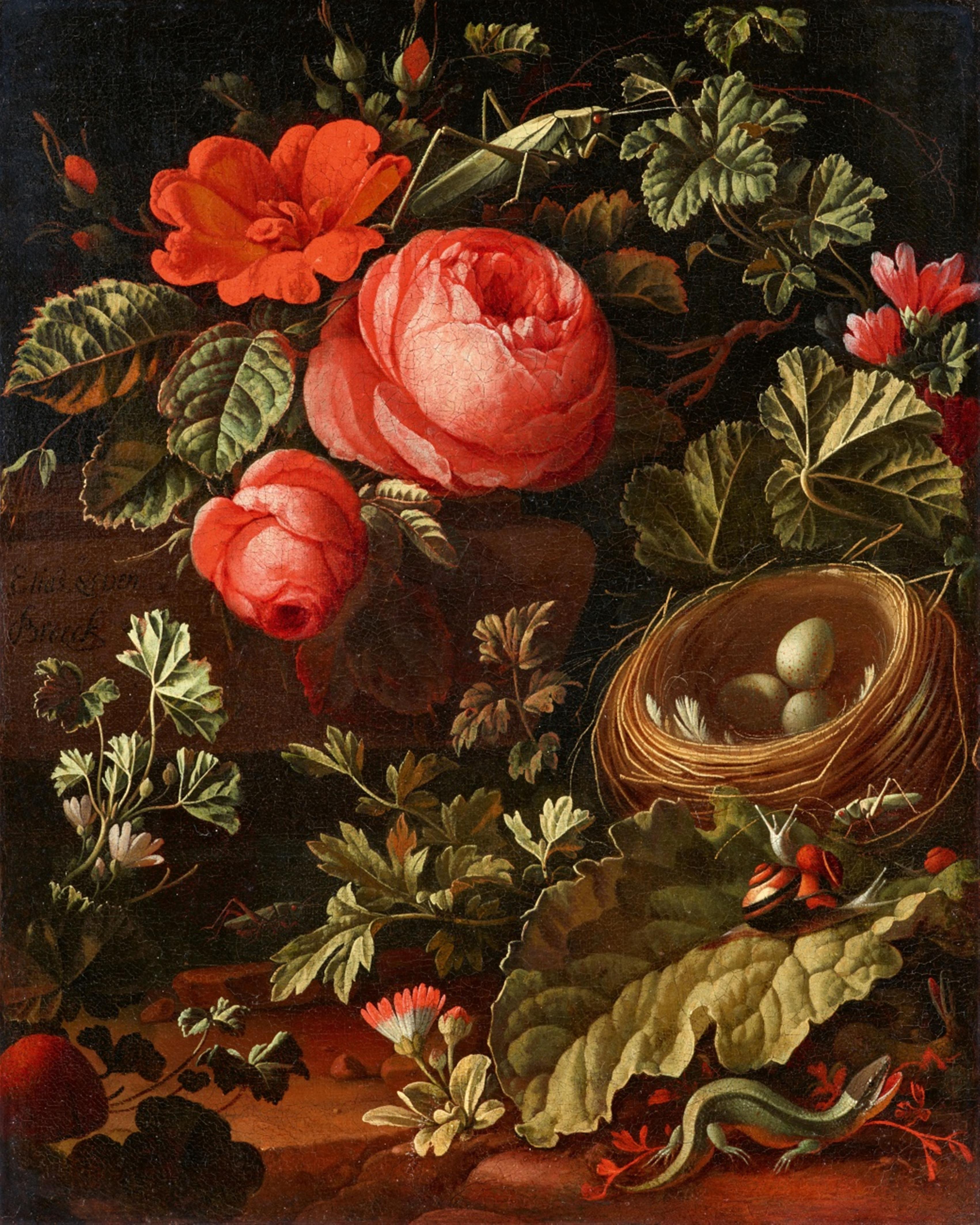 Elias van den Broeck - Waldbodenstillleben mit Rosen, Vogelnest, Eidechsen, Heuschrecken und Schnecken - image-1